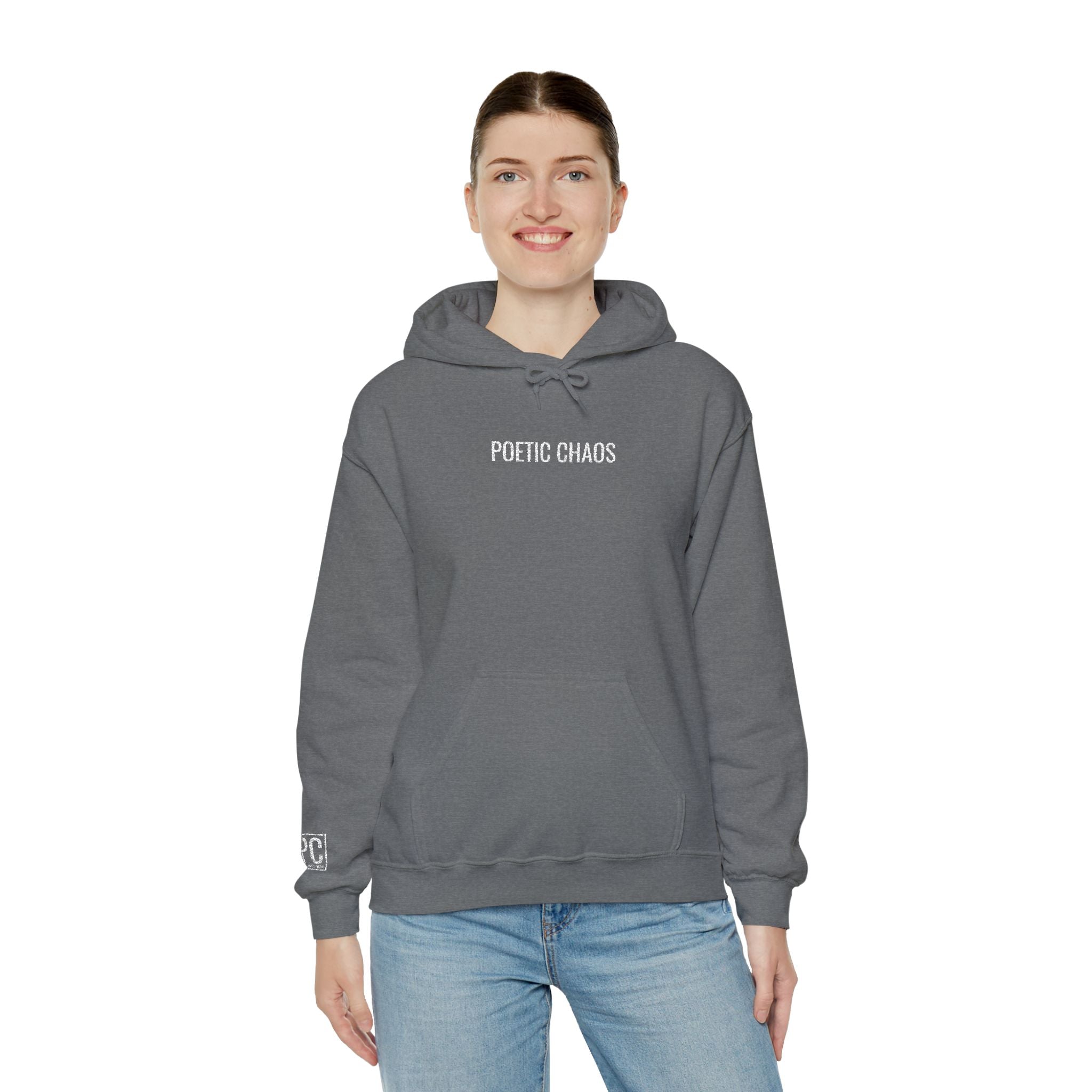 Poetic Chaos embroided white logo hoodie