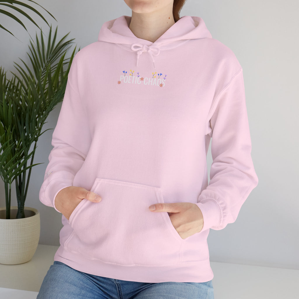 Poetic Chaos Hoodie — Small Chest white floral Logo & Sleeve Emblem