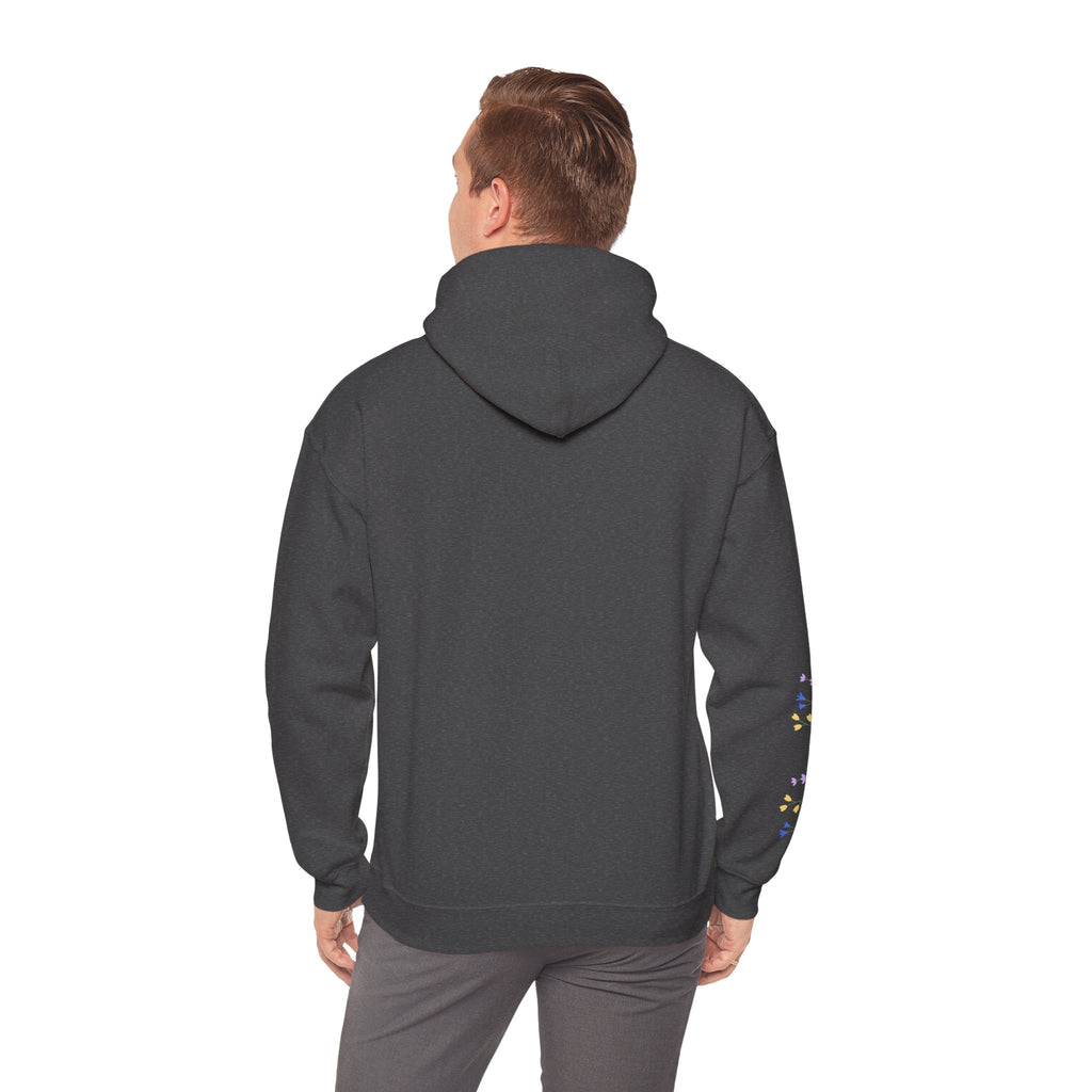 Poetic Chaos Sleeve Logo Hoodie — Minimal White Pullover with 'PC'floral logo