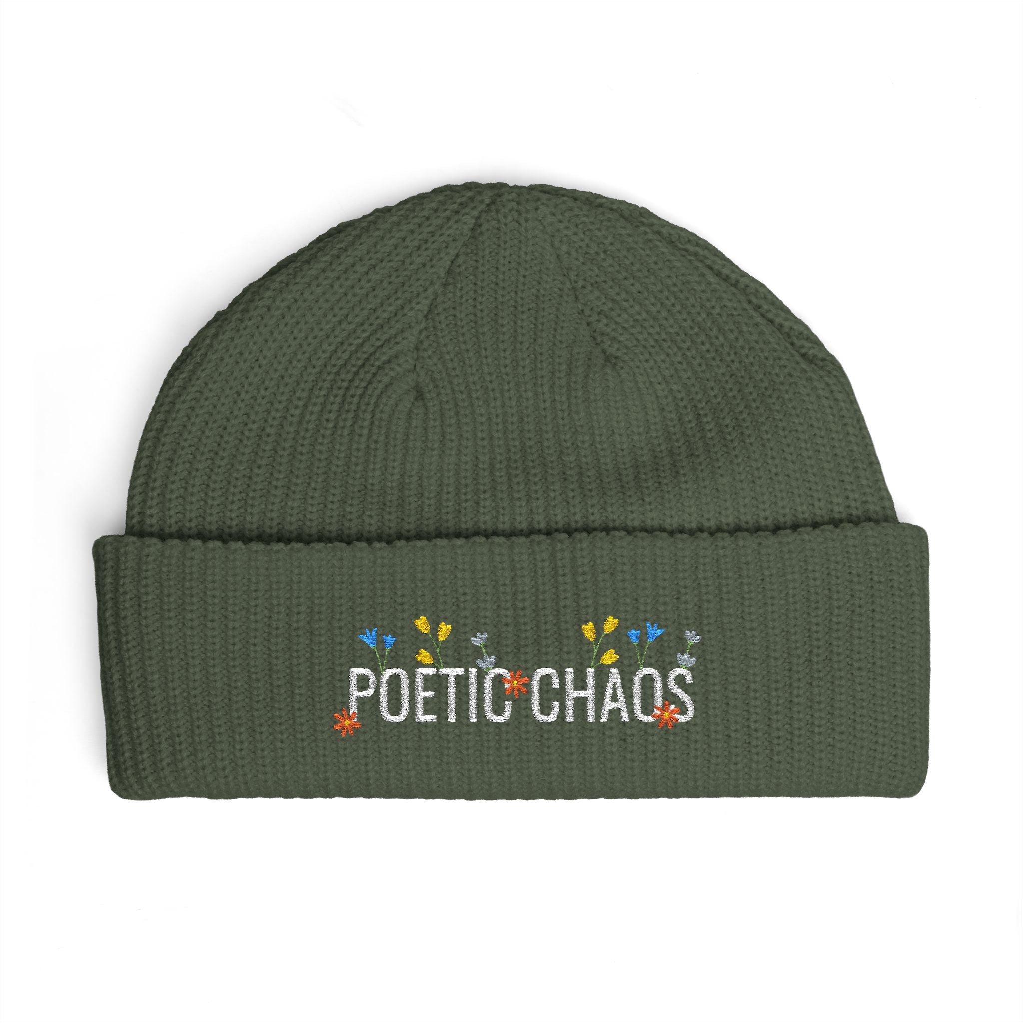 Poetic Chaos Cuff Beanie – Embroidered Floral white logo Knit Hat