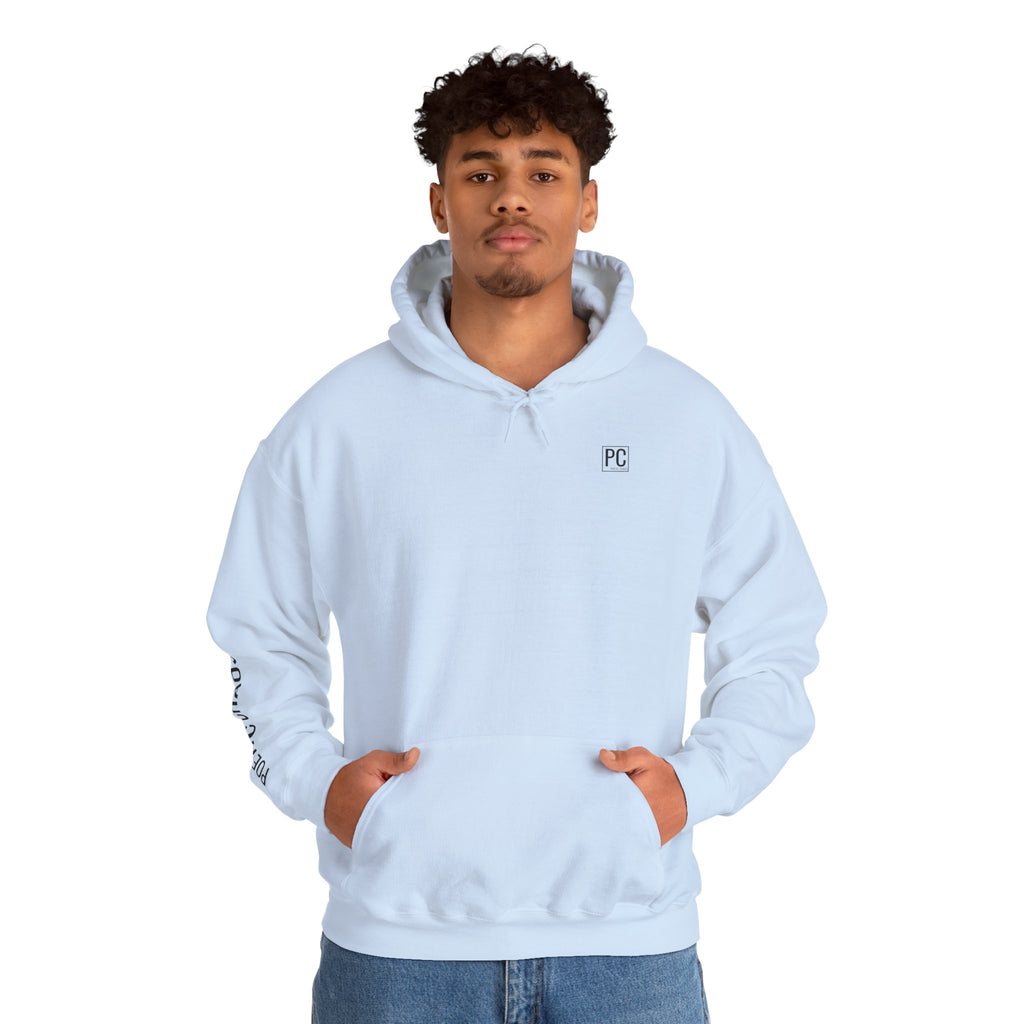 Poetic Chaos Hoodie — Minimal White Pullover with 'POETIC CHAOS' Sleeve Text