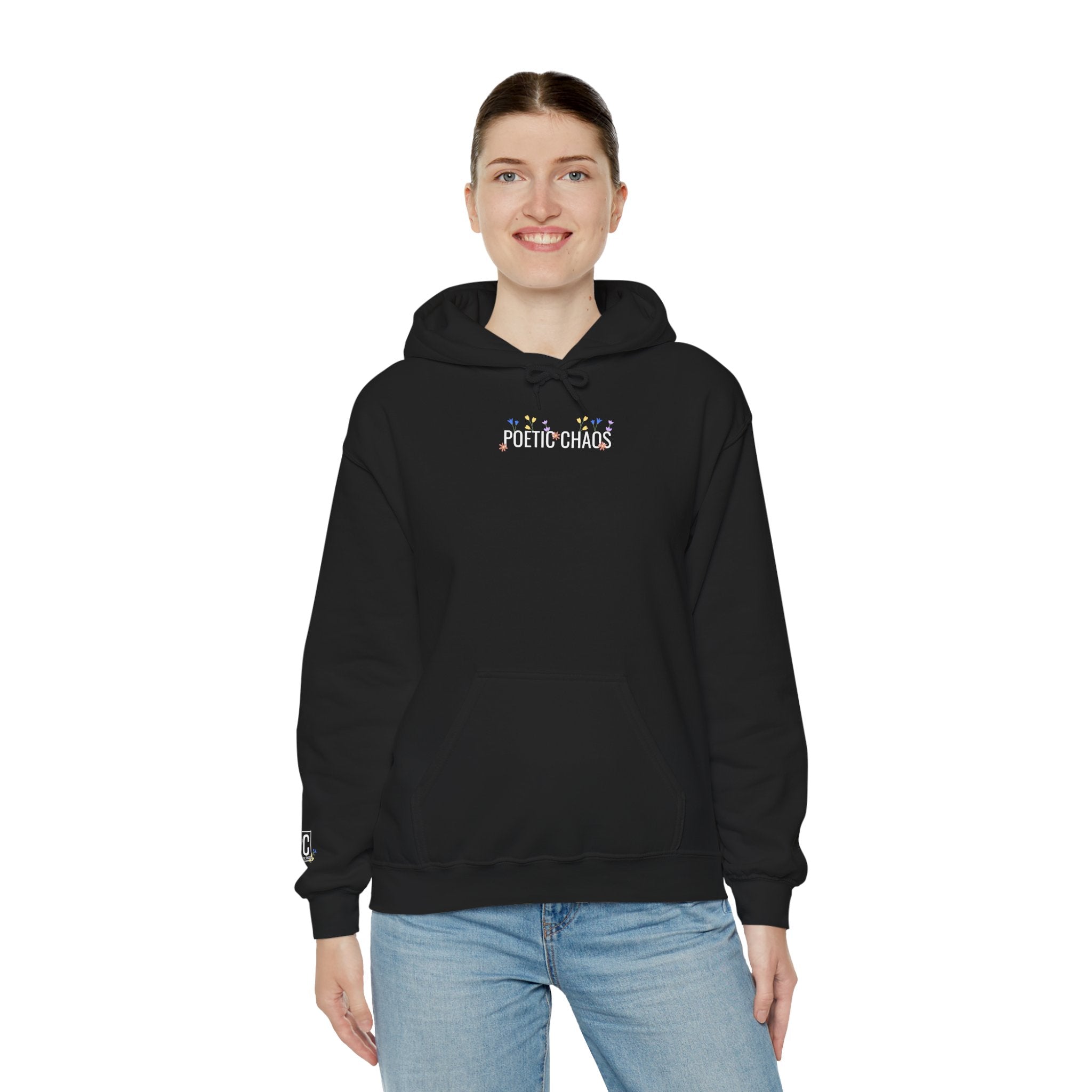 Poetic Chaos Hoodie — Small Chest white floral Logo & Sleeve Emblem