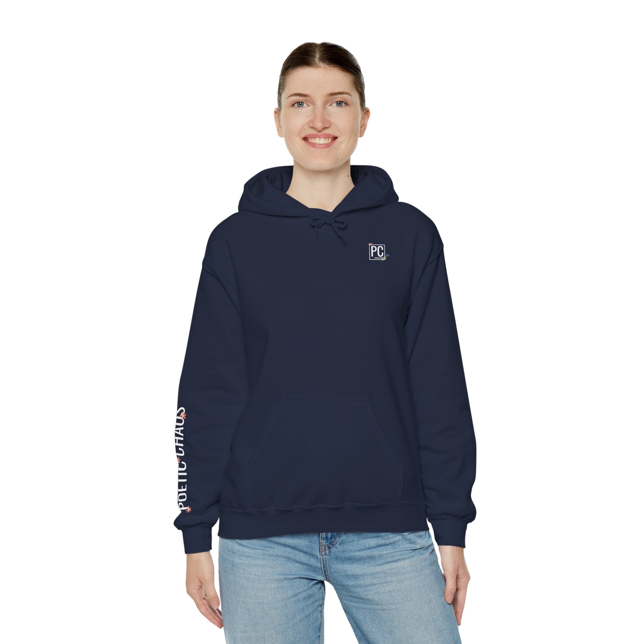 Poetic Chaos Sleeve Hoodie – Minimal white floral Logo Pullover