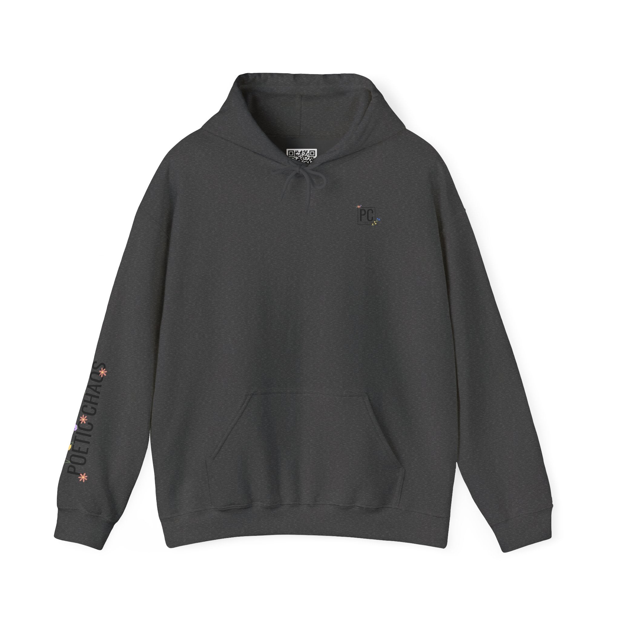 Poetic Chaos Sleeve Logo Hoodie — Minimal White Pullover with 'PC'floral logo