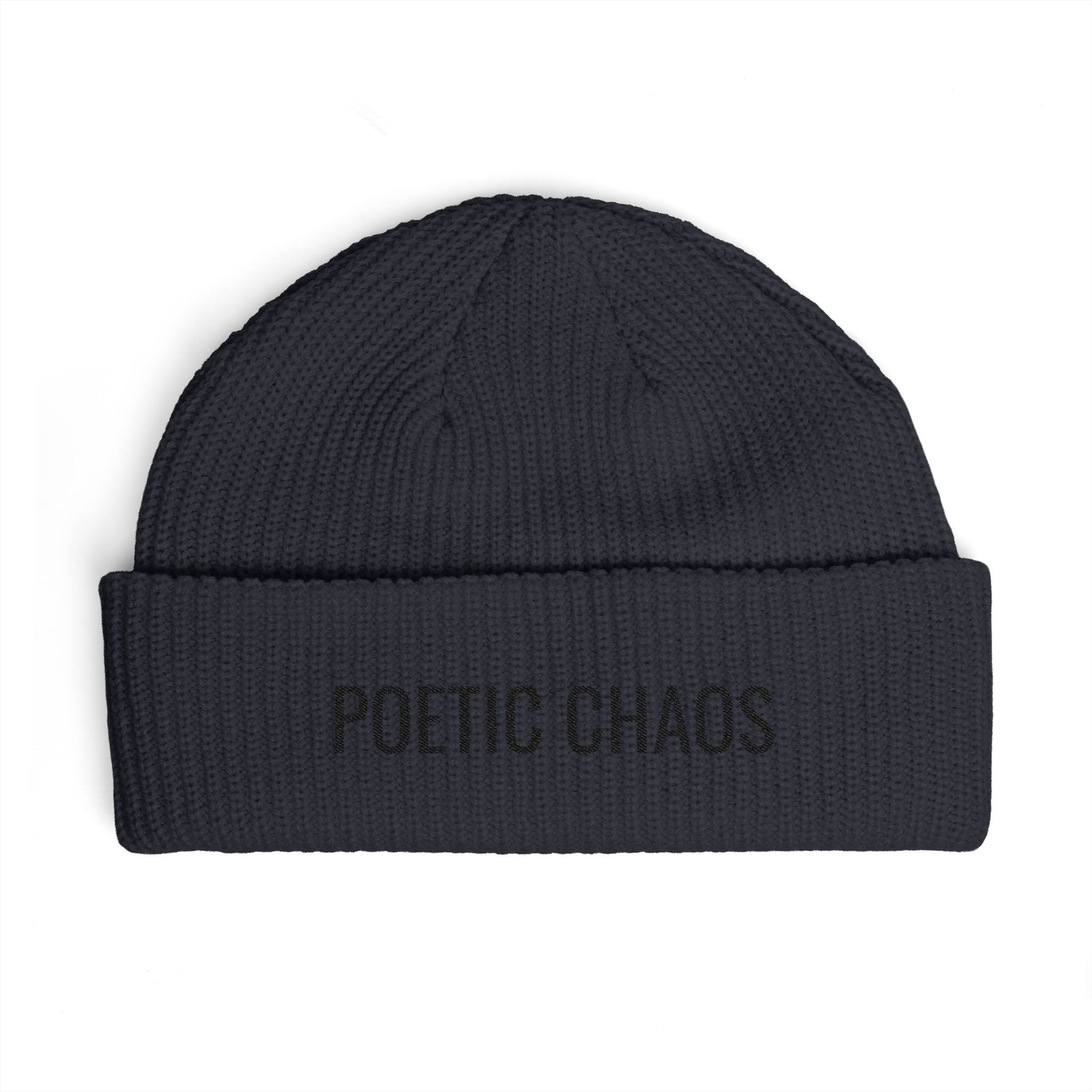 Poetic Chaos Embroidered Cuff Beanie — Knit Winter Hat for Writers & Creative Souls