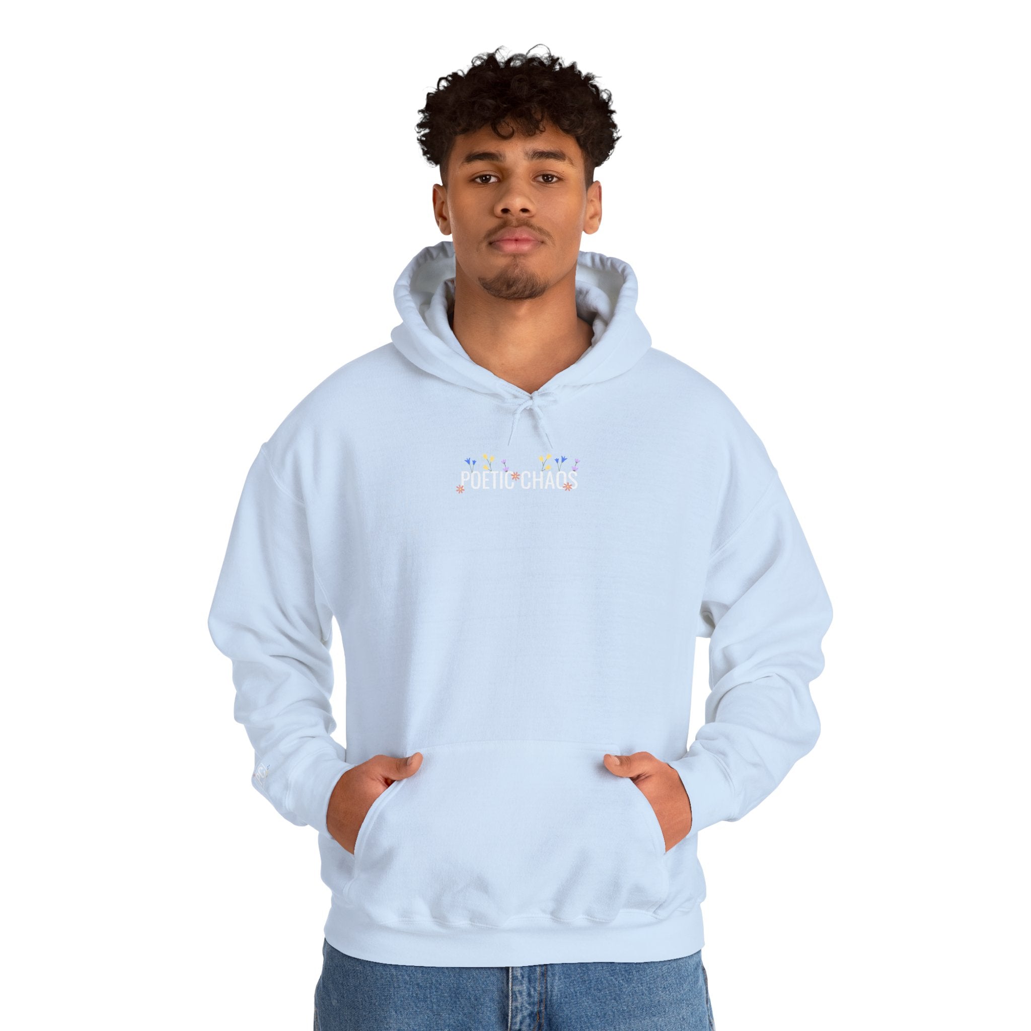 Poetic Chaos Hoodie — Small Chest white floral Logo & Sleeve Emblem