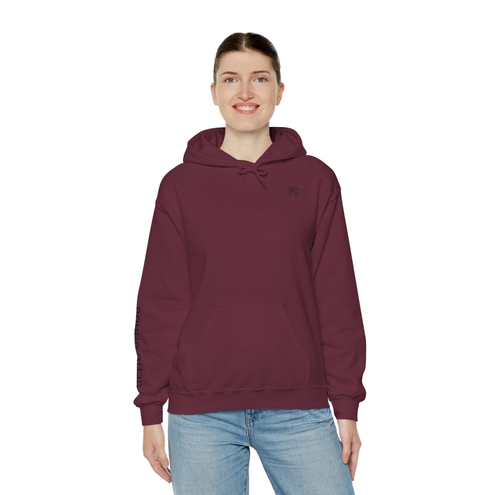 Poetic Chaos Hoodie — Minimal White Pullover with 'POETIC CHAOS' Sleeve Text