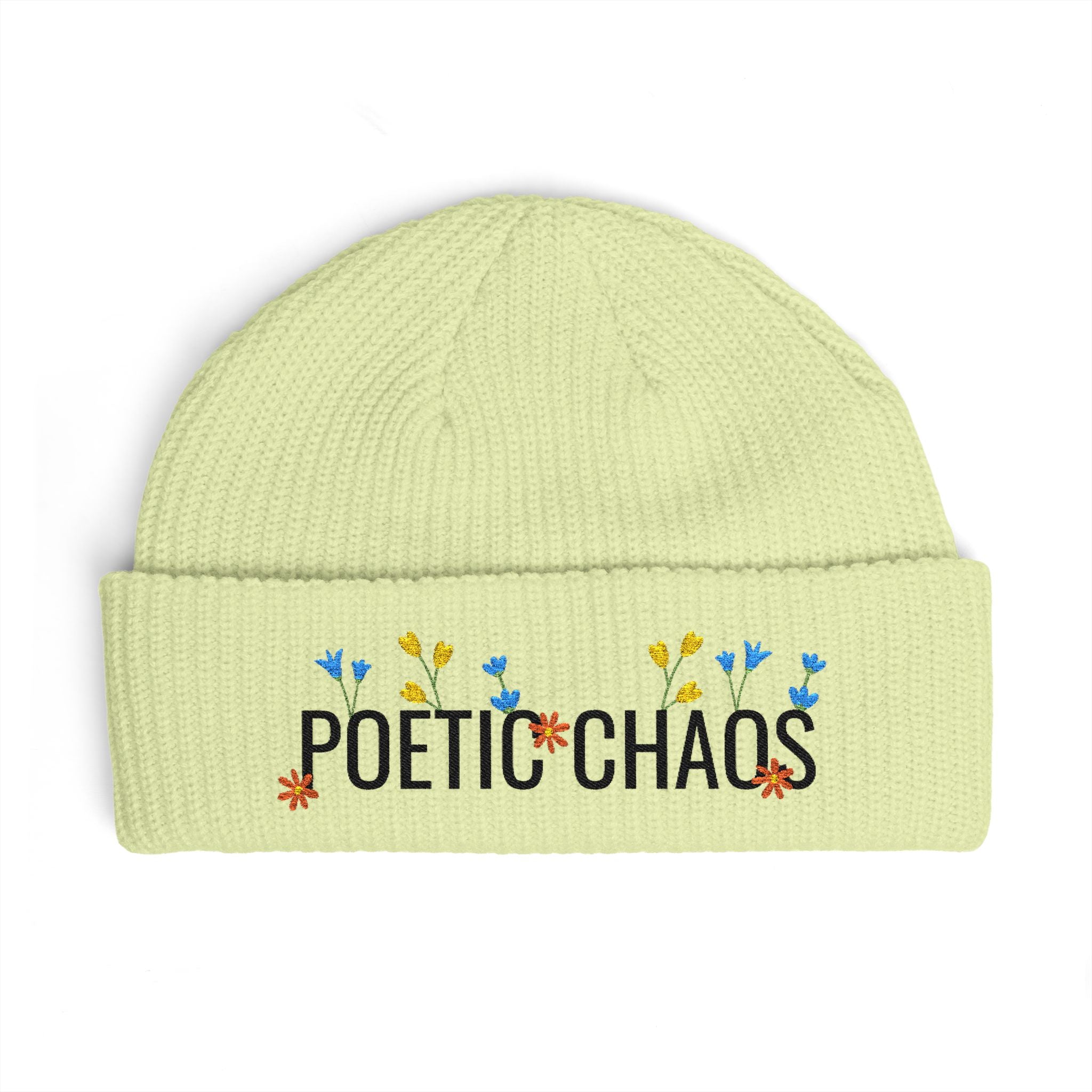 Poetic Chaos Embroidered Cuff Beanie - Floral Knit Winter Hat