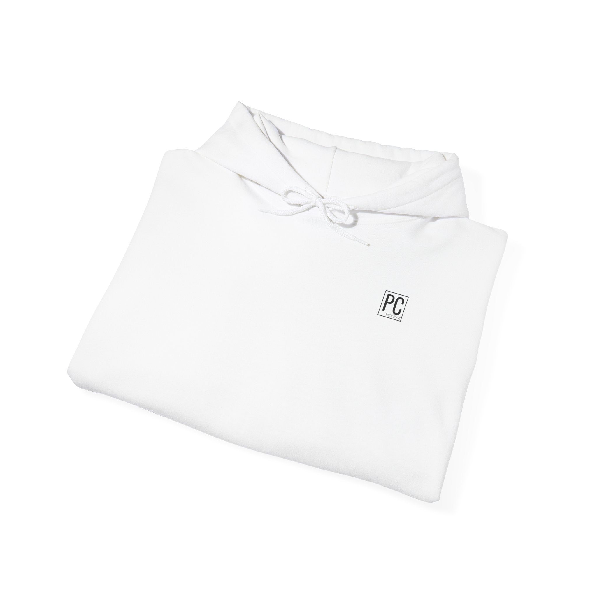 Poetic Chaos Hoodie — Minimal White Pullover with 'POETIC CHAOS' Sleeve Text