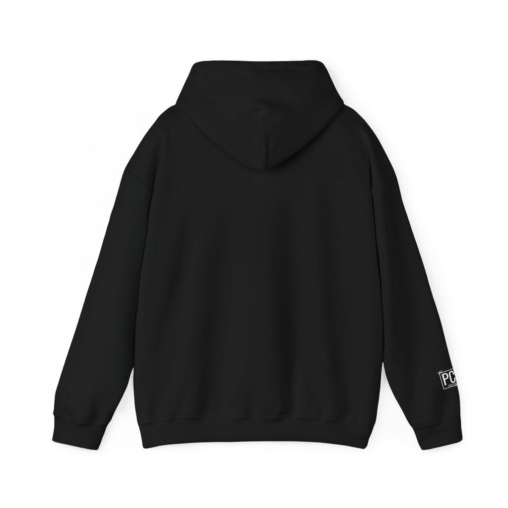 Poetic Chaos Hoodie — Small Chest white floral Logo & Sleeve Emblem