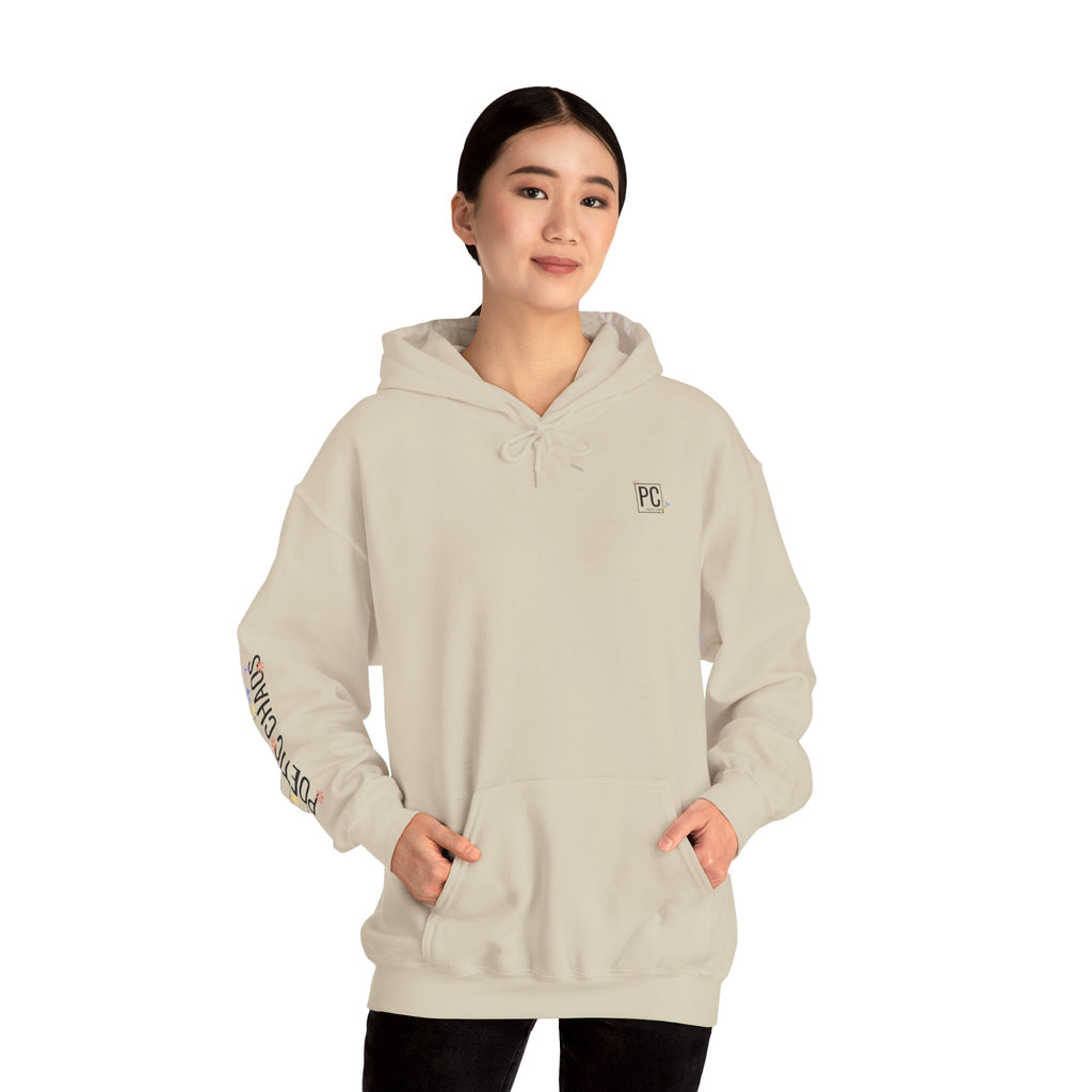 Poetic Chaos Sleeve Logo Hoodie — Minimal White Pullover with 'PC'floral logo