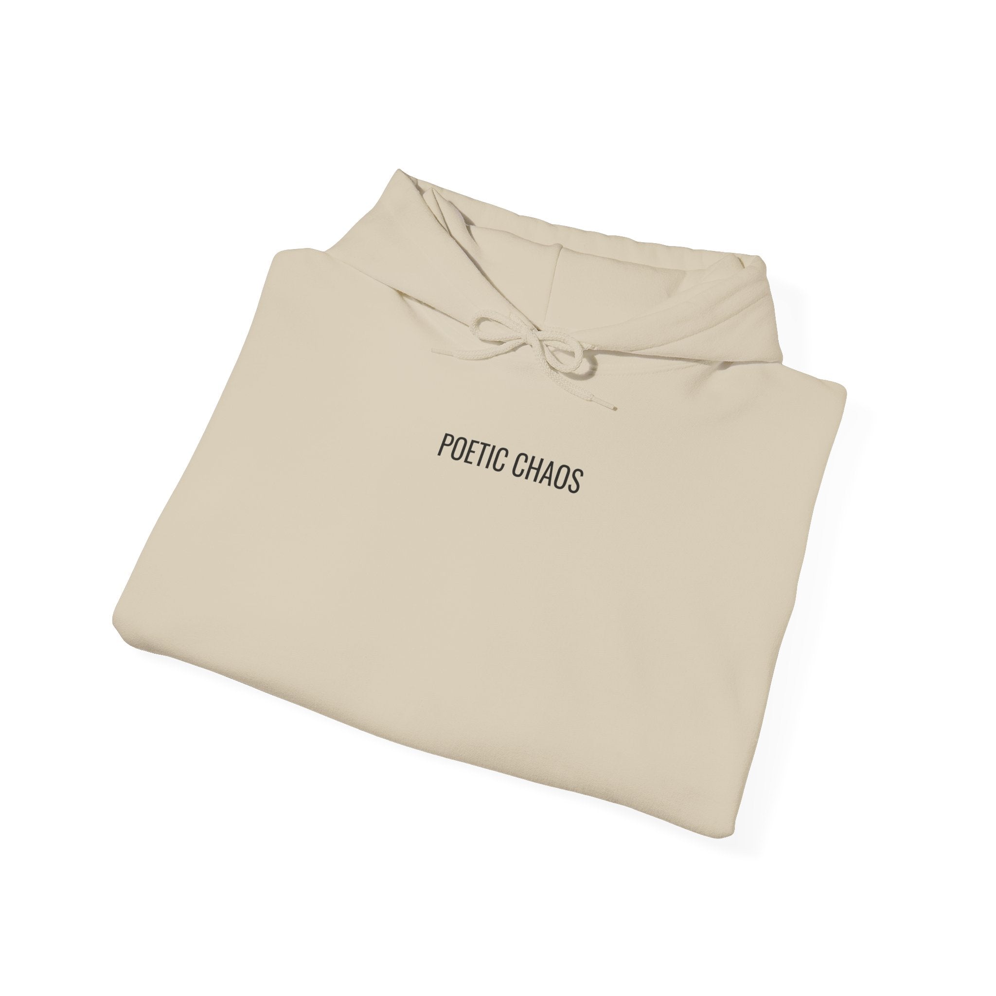Poetic Chaos Minimalist Hoodie — Small Chest Text Pullover