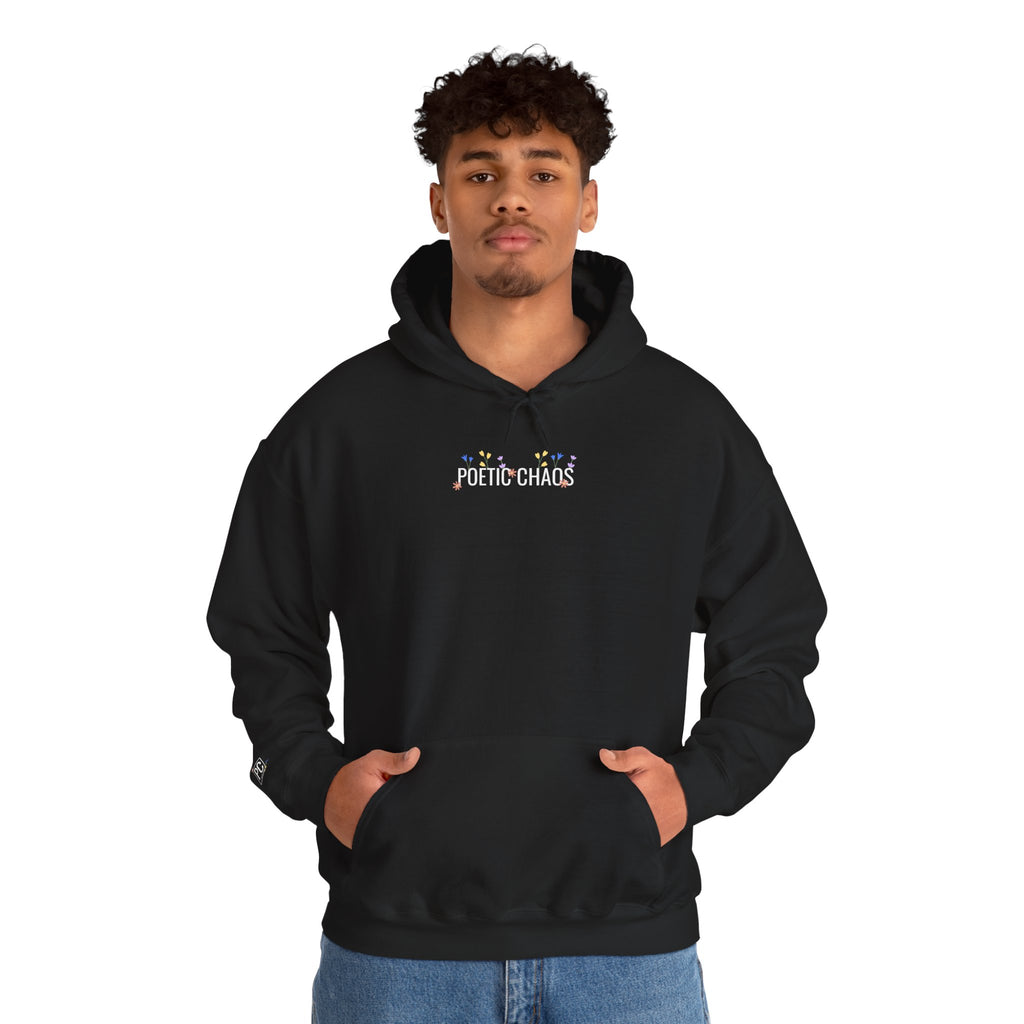 Poetic Chaos Hoodie — Small Chest white floral Logo & Sleeve Emblem