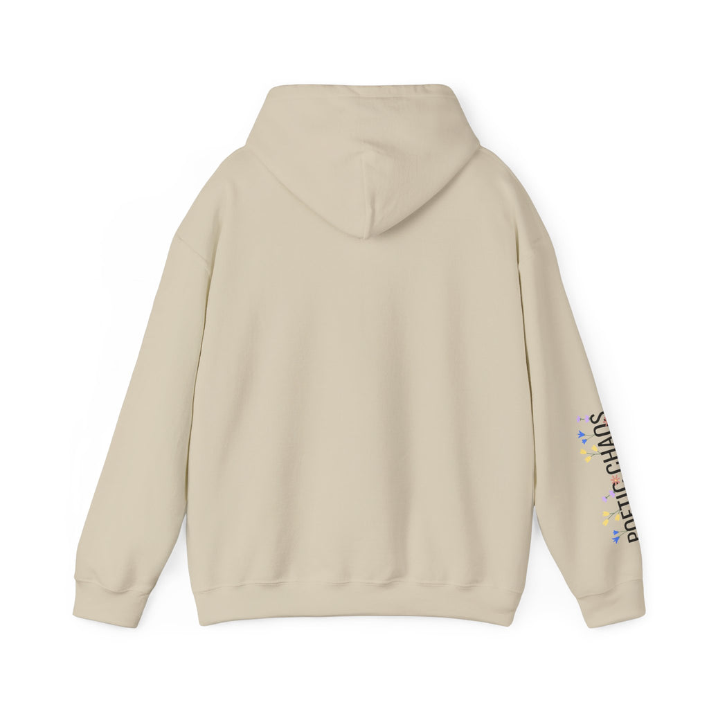 Poetic Chaos Sleeve Logo Hoodie — Minimal White Pullover with 'PC'floral logo