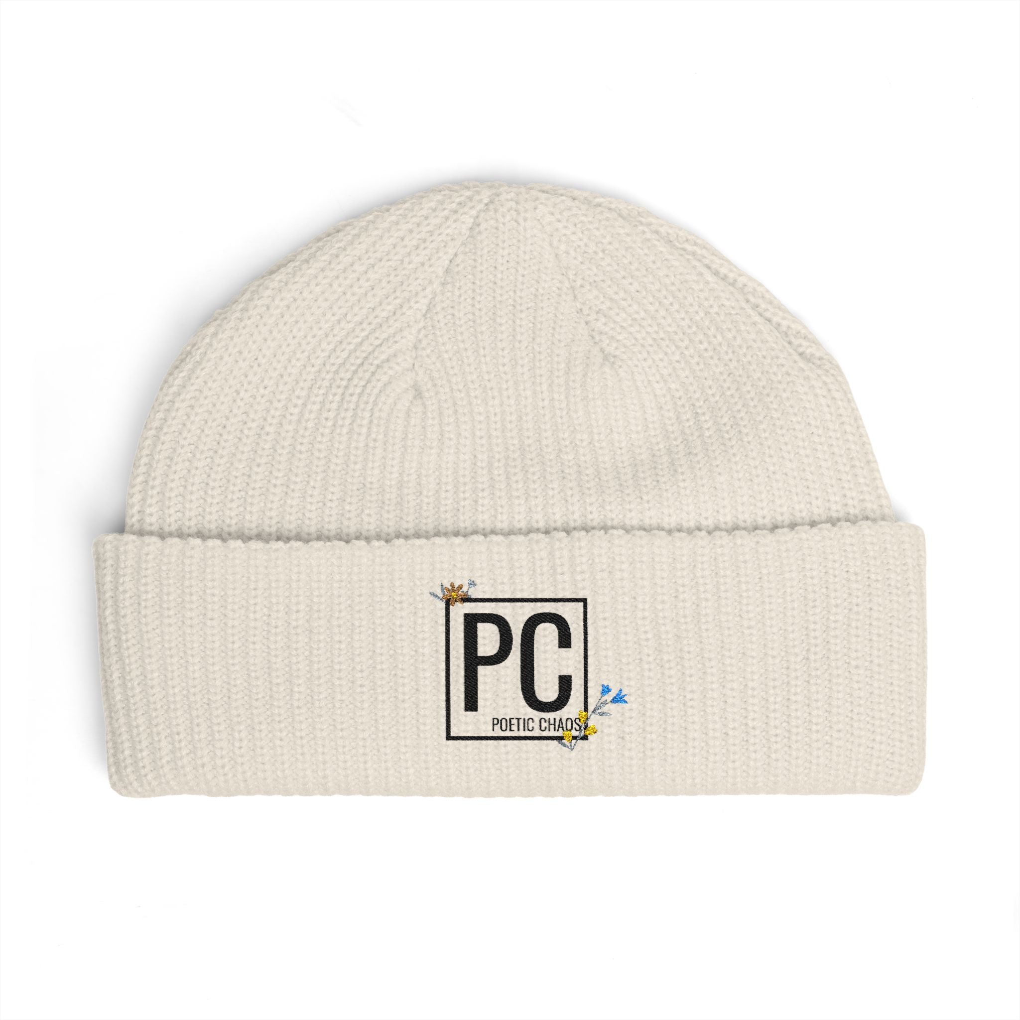 Cuff Beanie - 'PC' Logo Embroidered Knit Hat with Tiny Bee Accents