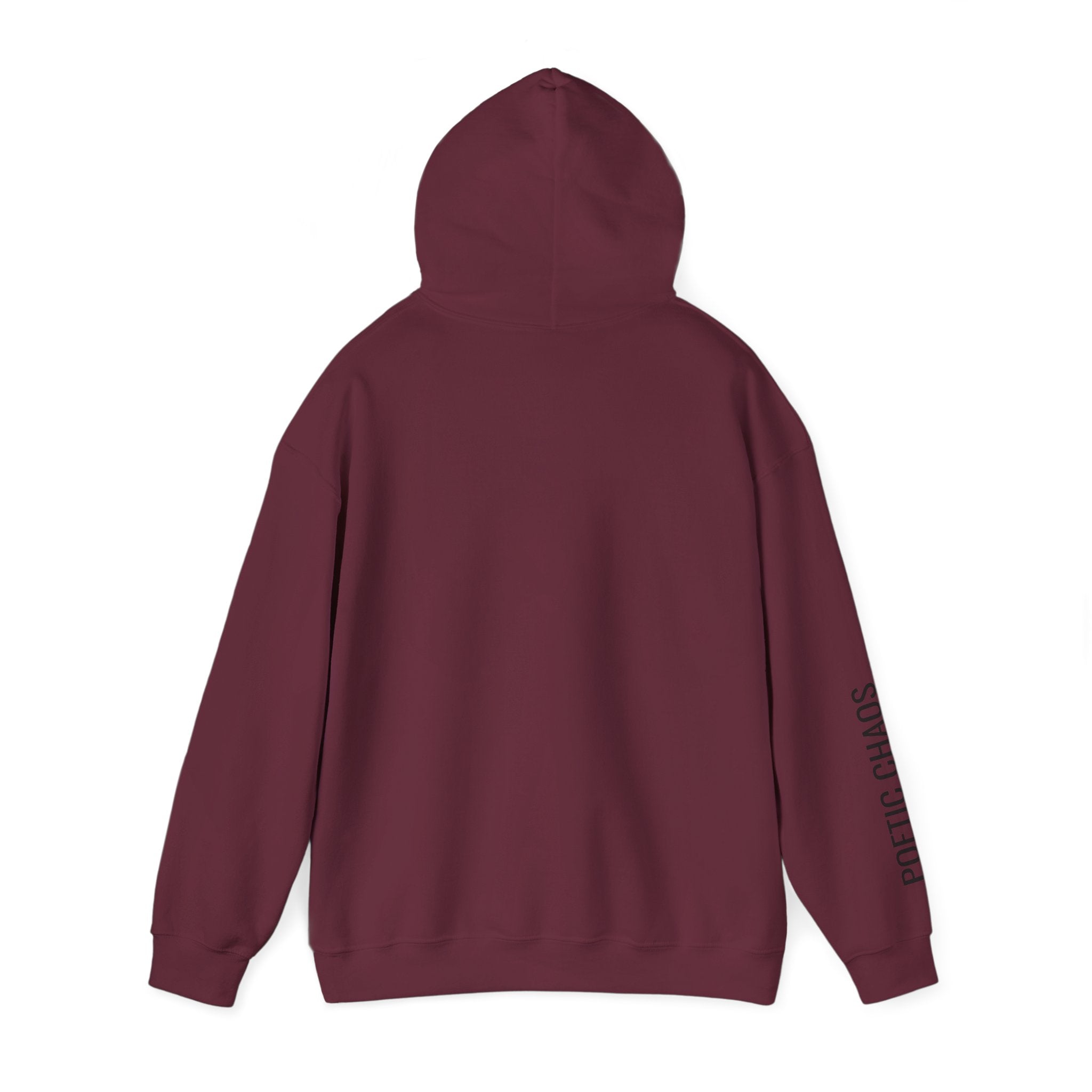 Poetic Chaos Hoodie — Minimal White Pullover with 'POETIC CHAOS' Sleeve Text