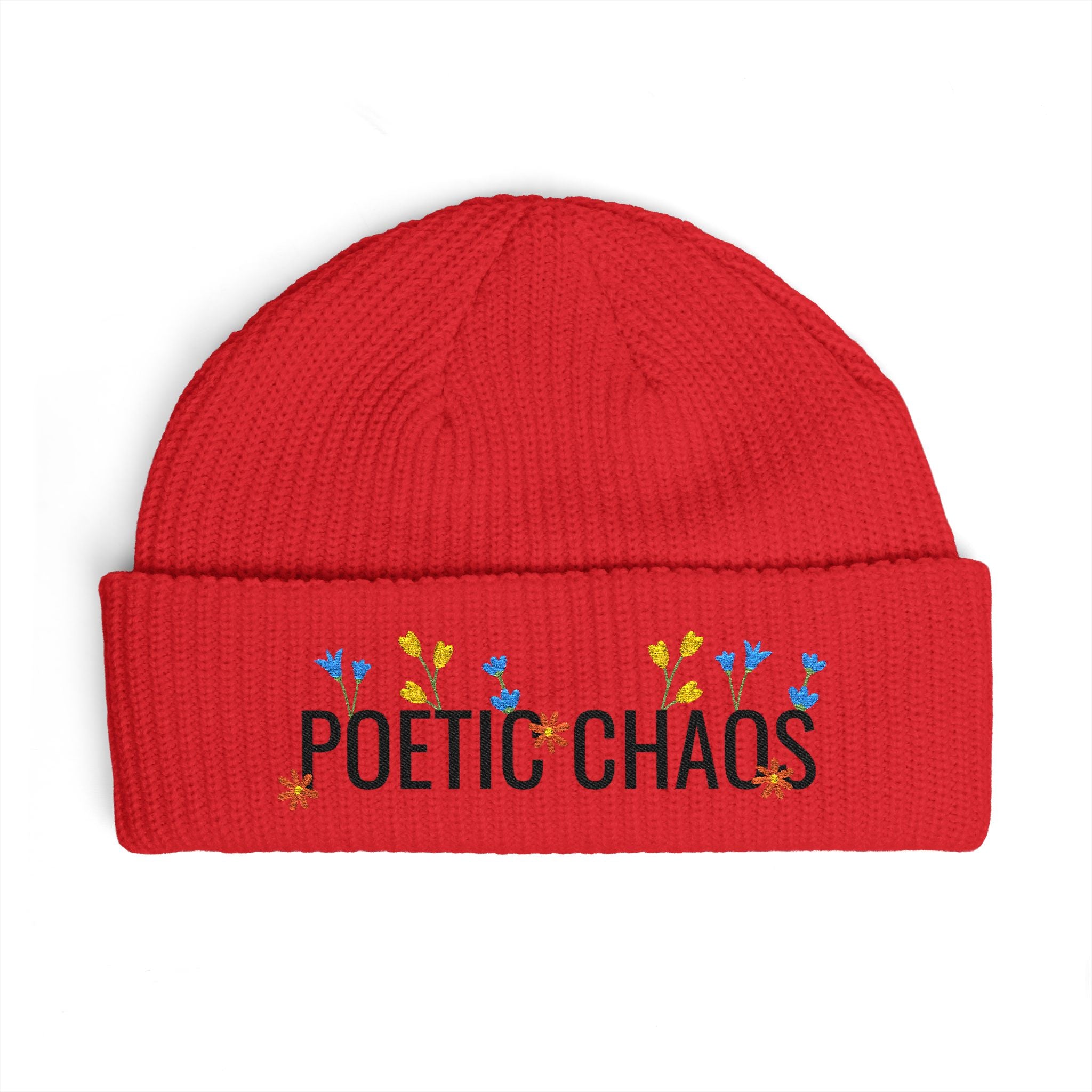 Poetic Chaos Embroidered Cuff Beanie - Floral Knit Winter Hat
