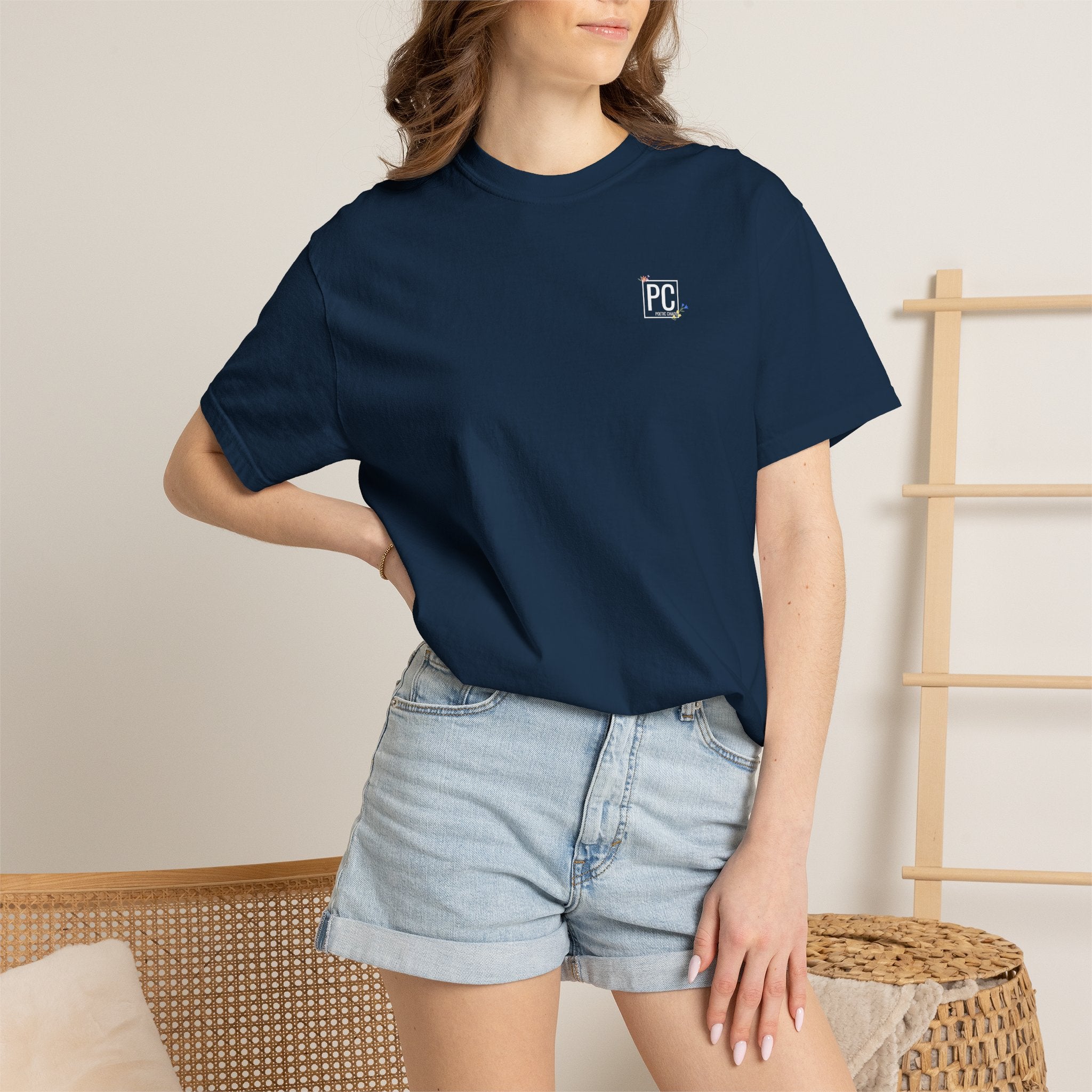poetic chaos minimal t-shirt floral white logo label