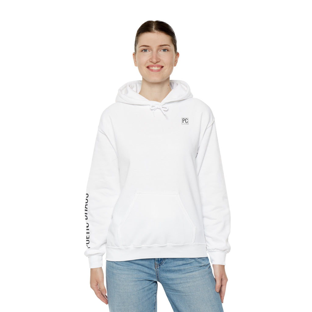 Poetic Chaos Hoodie — Minimal White Pullover with 'POETIC CHAOS' Sleeve Text
