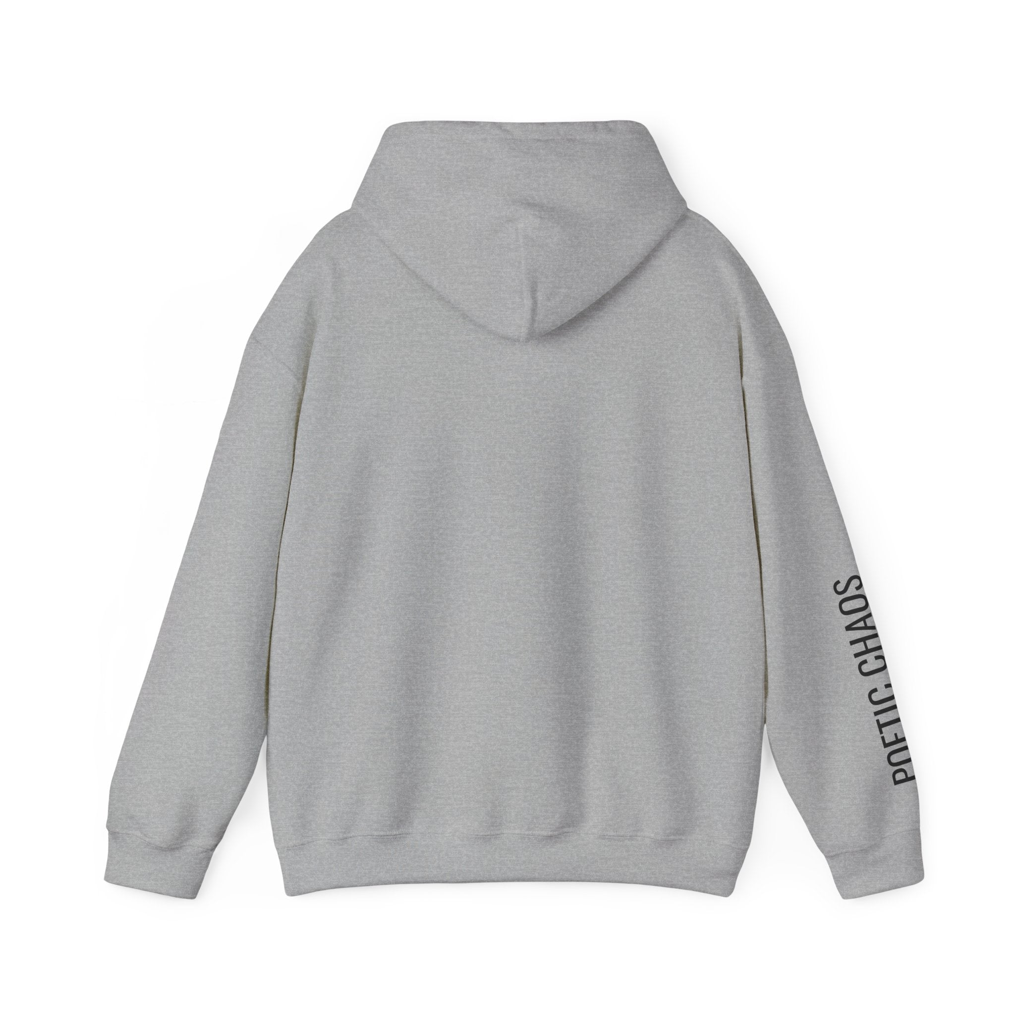 Poetic Chaos Hoodie — Minimal White Pullover with 'POETIC CHAOS' Sleeve Text