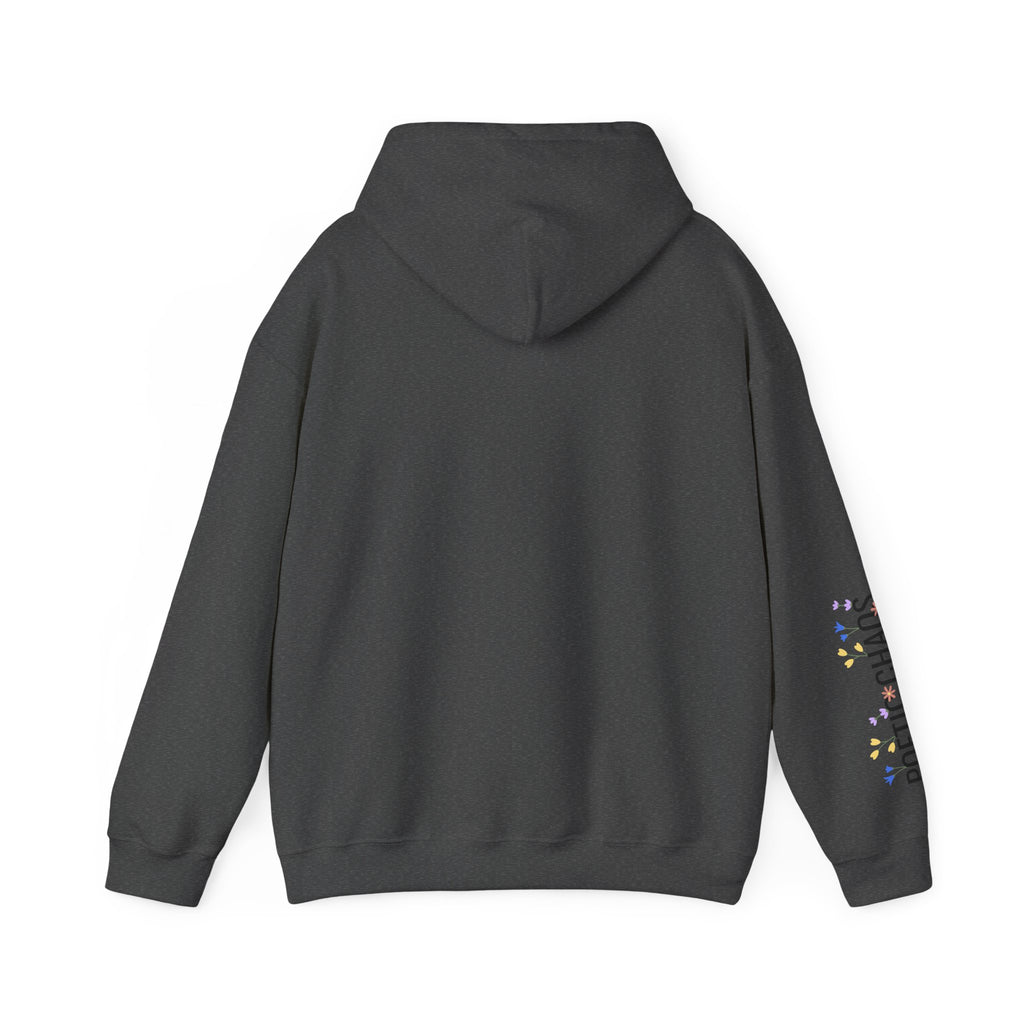 Poetic Chaos Sleeve Logo Hoodie — Minimal White Pullover with 'PC'floral logo