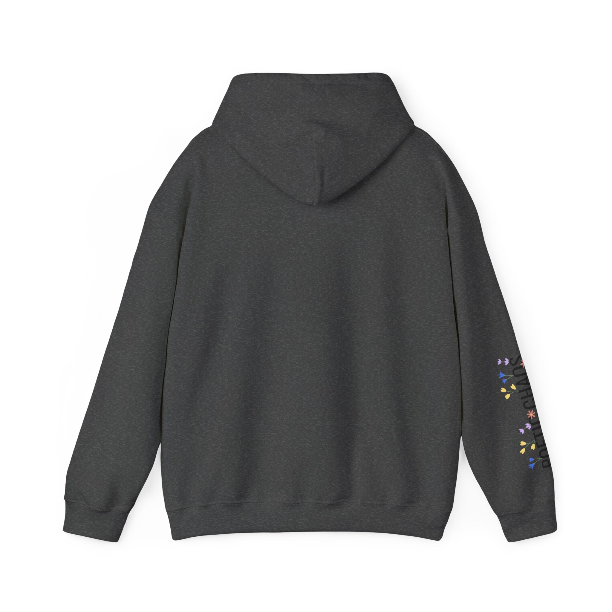 Poetic Chaos Sleeve Logo Hoodie — Minimal White Pullover with 'PC'floral logo