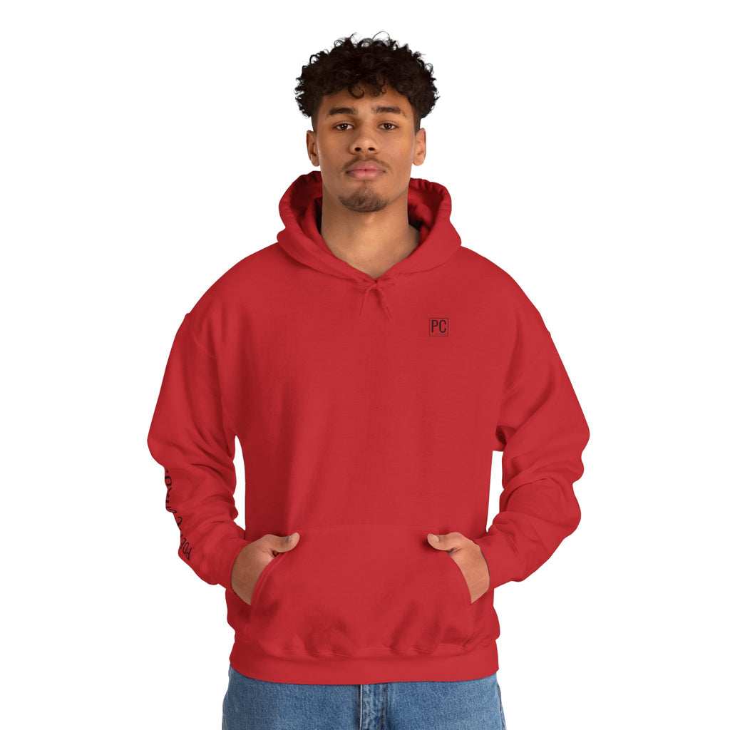 Poetic Chaos Hoodie — Minimal White Pullover with 'POETIC CHAOS' Sleeve Text