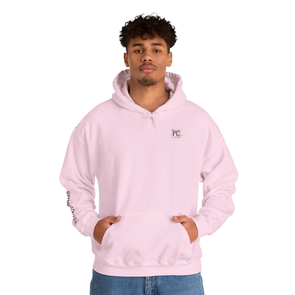 Poetic Chaos Sleeve Logo Hoodie — Minimal White Pullover with 'PC'floral logo