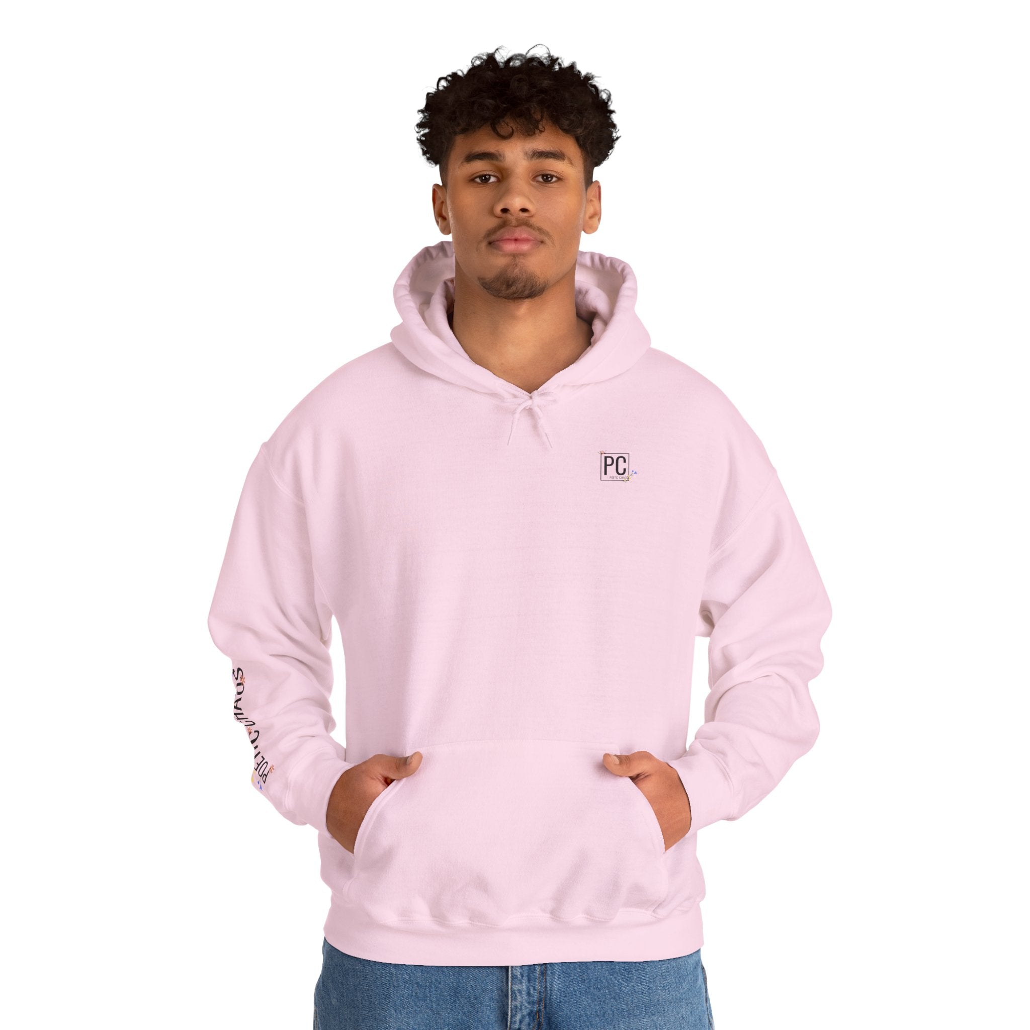 Poetic Chaos Sleeve Logo Hoodie — Minimal White Pullover with 'PC'floral logo