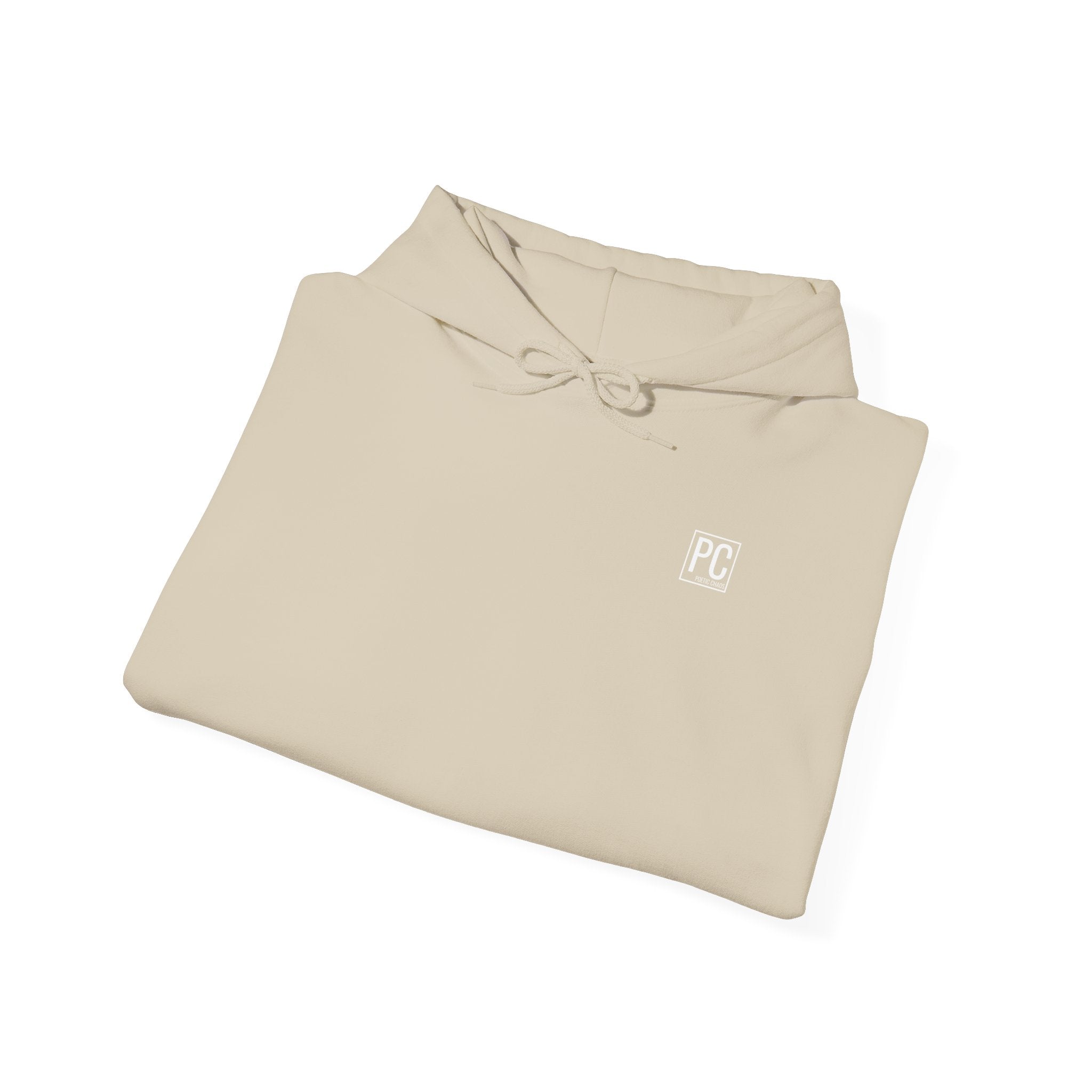 Poetic Chaos Hoodie — Minimal white PC Logo Black Pullover with 'Poetic Chaos' Sleeve
