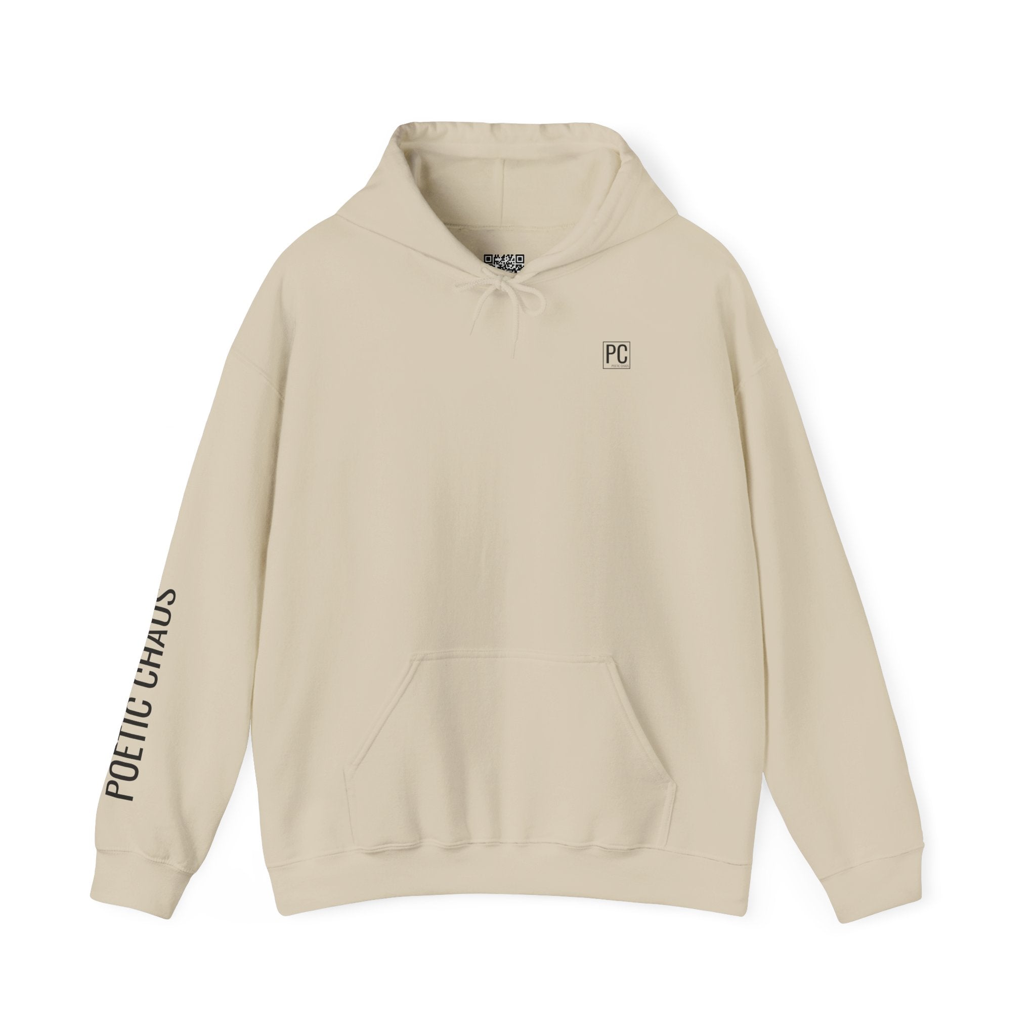 Poetic Chaos Hoodie — Minimal White Pullover with 'POETIC CHAOS' Sleeve Text
