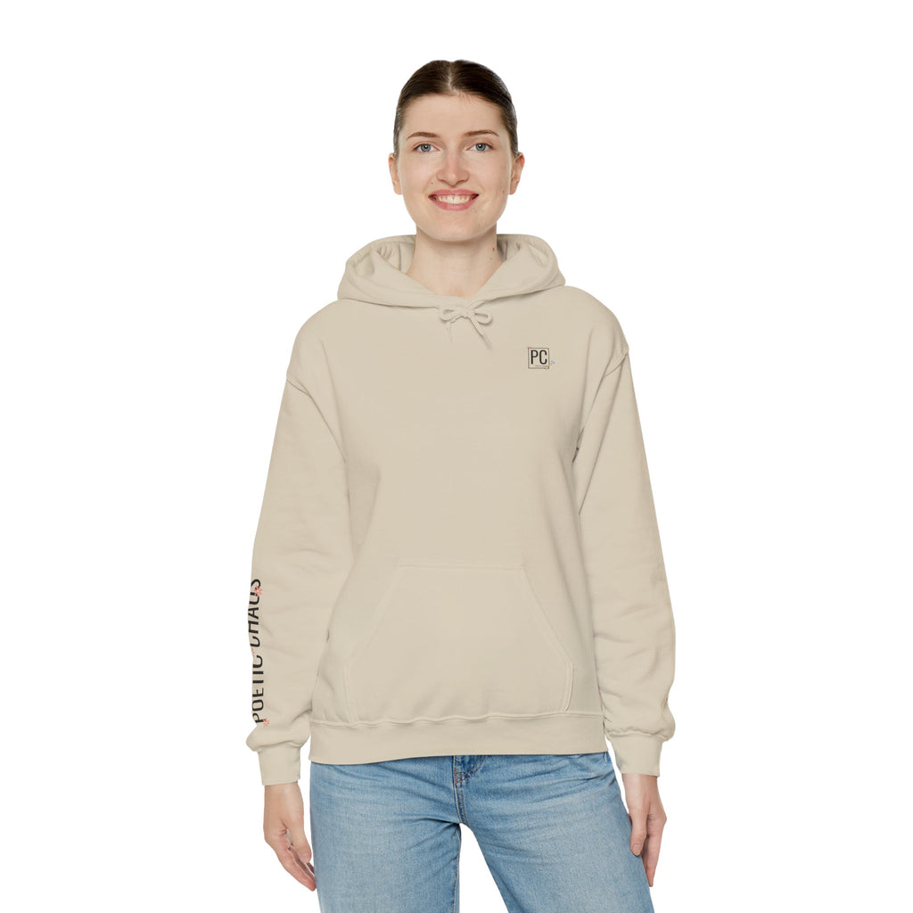 Poetic Chaos Sleeve Logo Hoodie — Minimal White Pullover with 'PC'floral logo