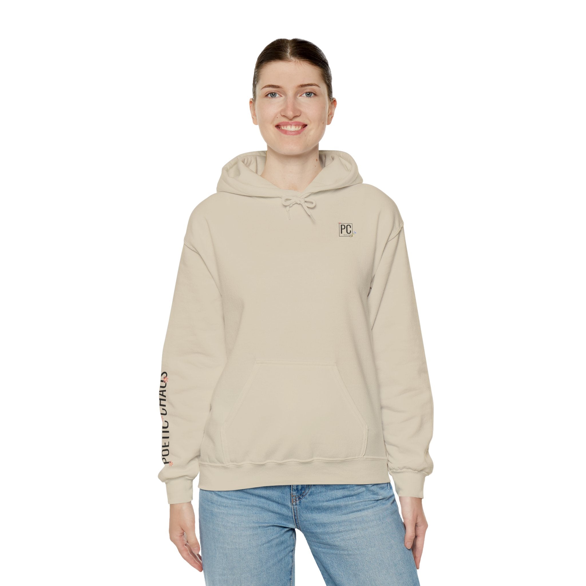 Poetic Chaos Sleeve Logo Hoodie — Minimal White Pullover with 'PC'floral logo