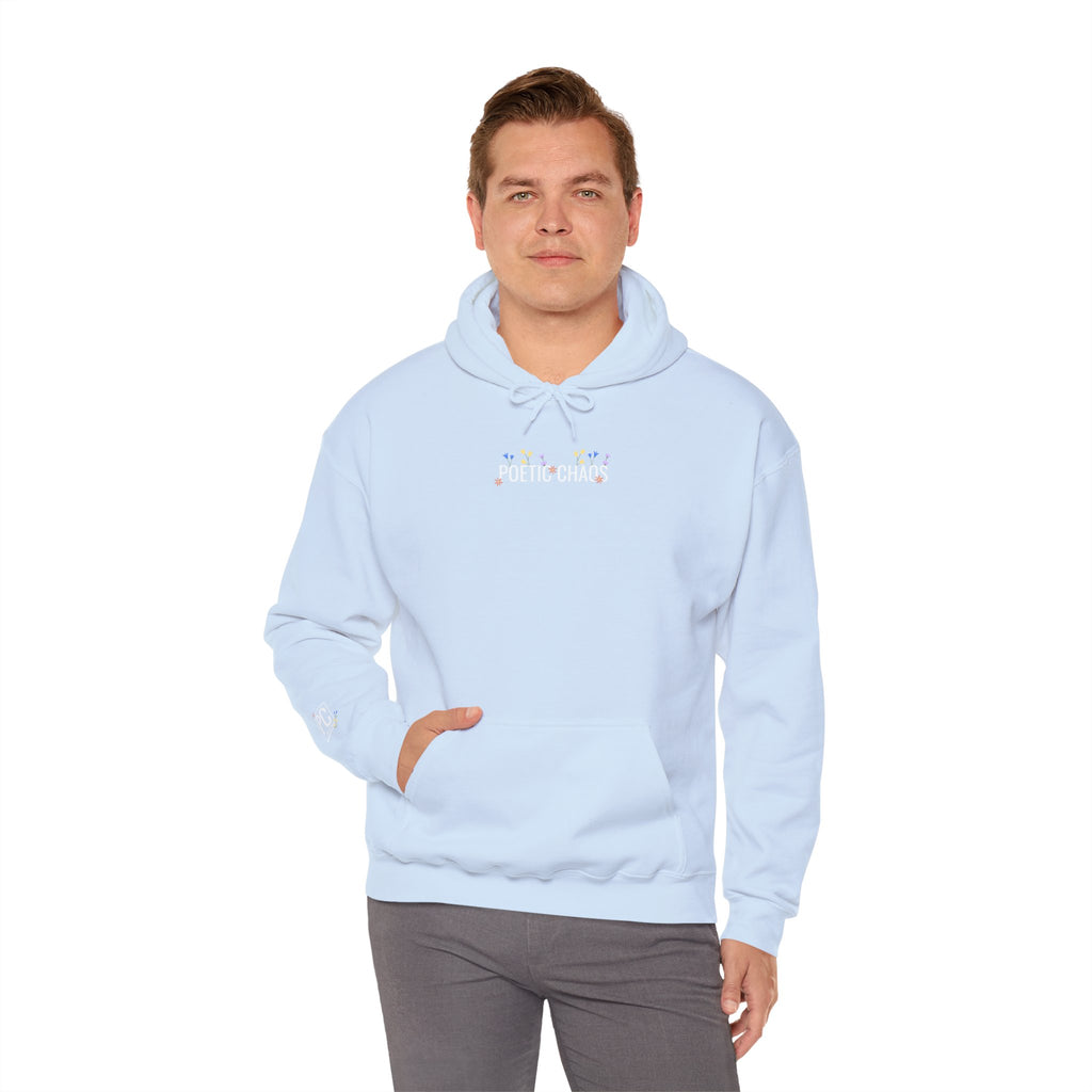 Poetic Chaos Hoodie — Small Chest white floral Logo & Sleeve Emblem