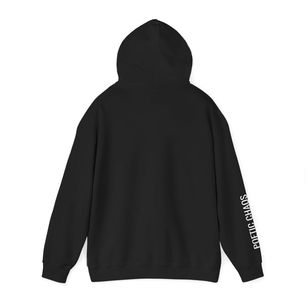 Poetic Chaos Hoodie — Minimal white PC Logo Black Pullover with 'Poetic Chaos' Sleeve