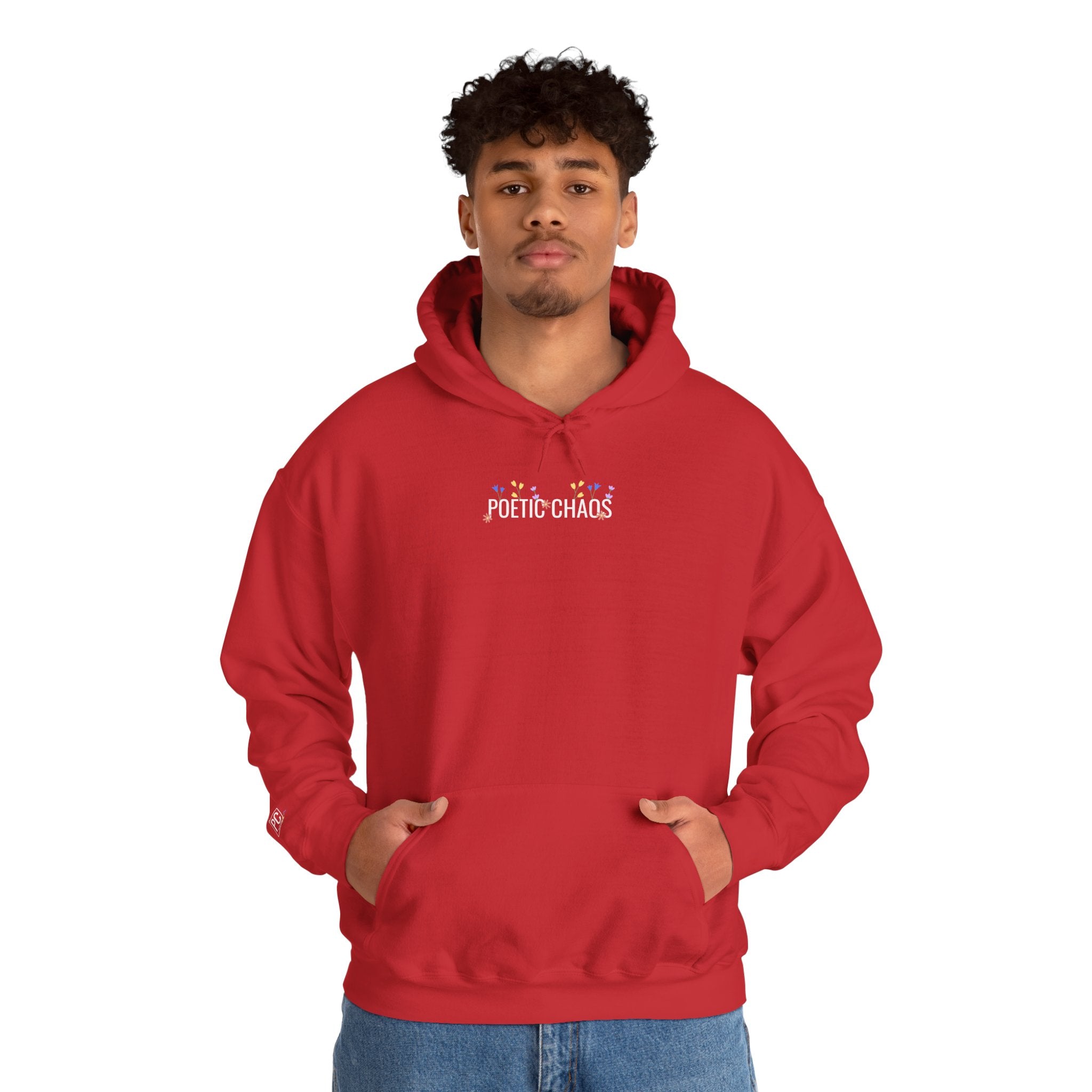 Poetic Chaos Hoodie — Small Chest white floral Logo & Sleeve Emblem