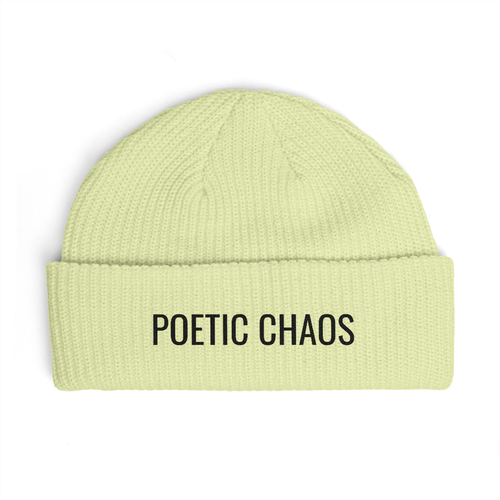 Poetic Chaos Embroidered Cuff Beanie — Knit Winter Hat for Writers & Creative Souls