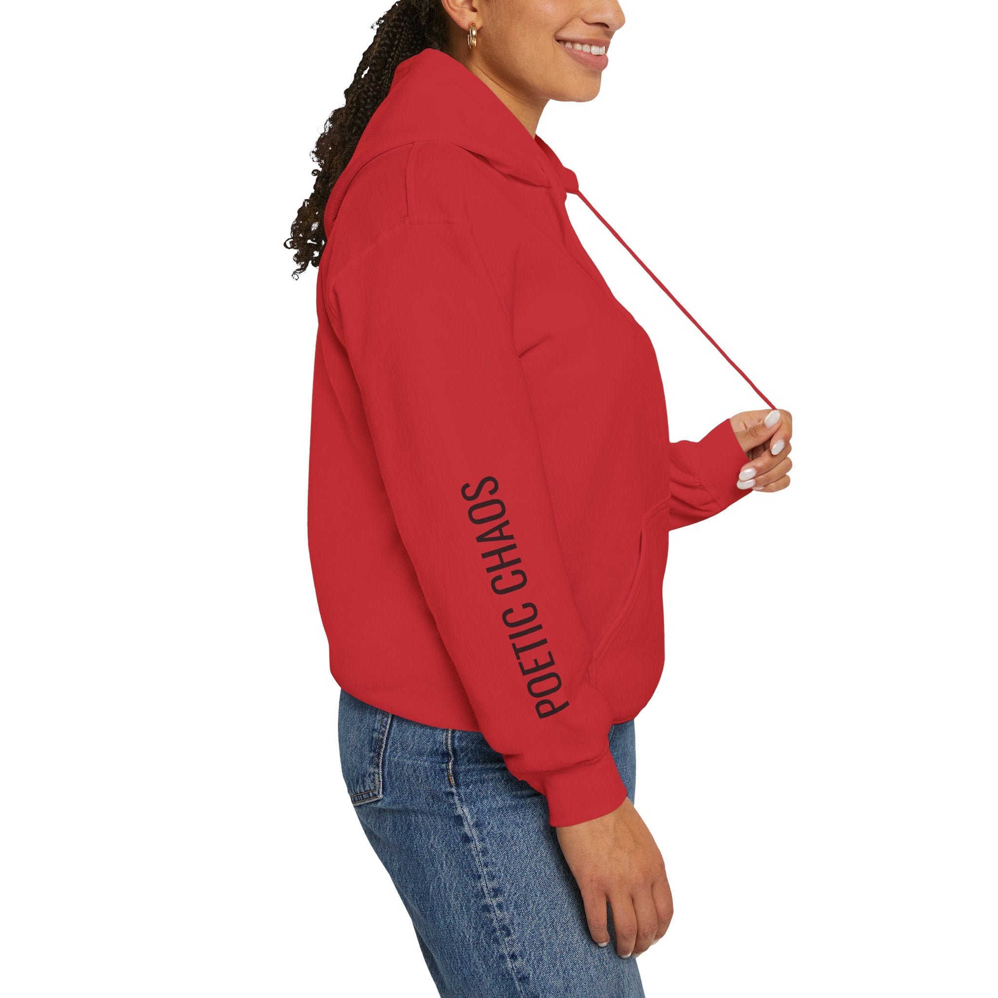 Poetic Chaos Hoodie — Minimal White Pullover with 'POETIC CHAOS' Sleeve Text