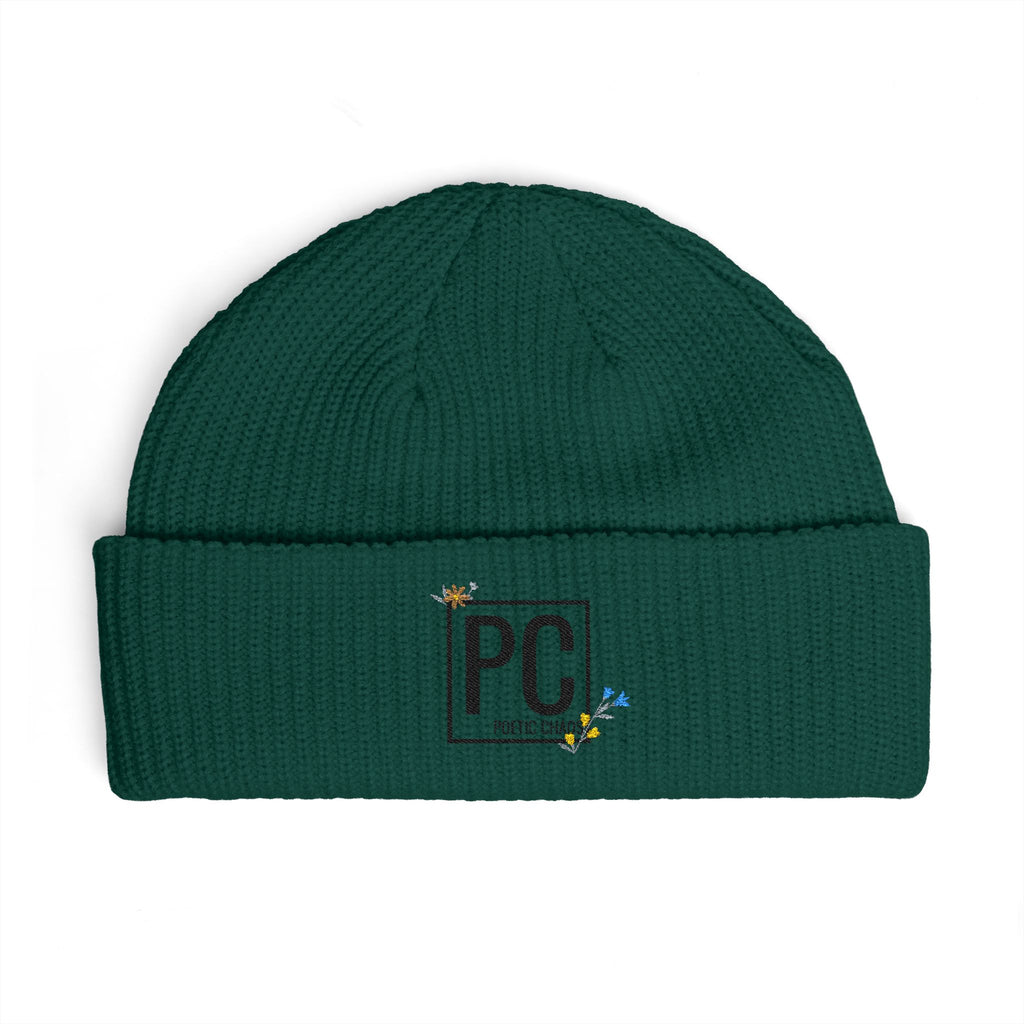 Cuff Beanie - 'PC' Logo Embroidered Knit Hat with Tiny Bee Accents