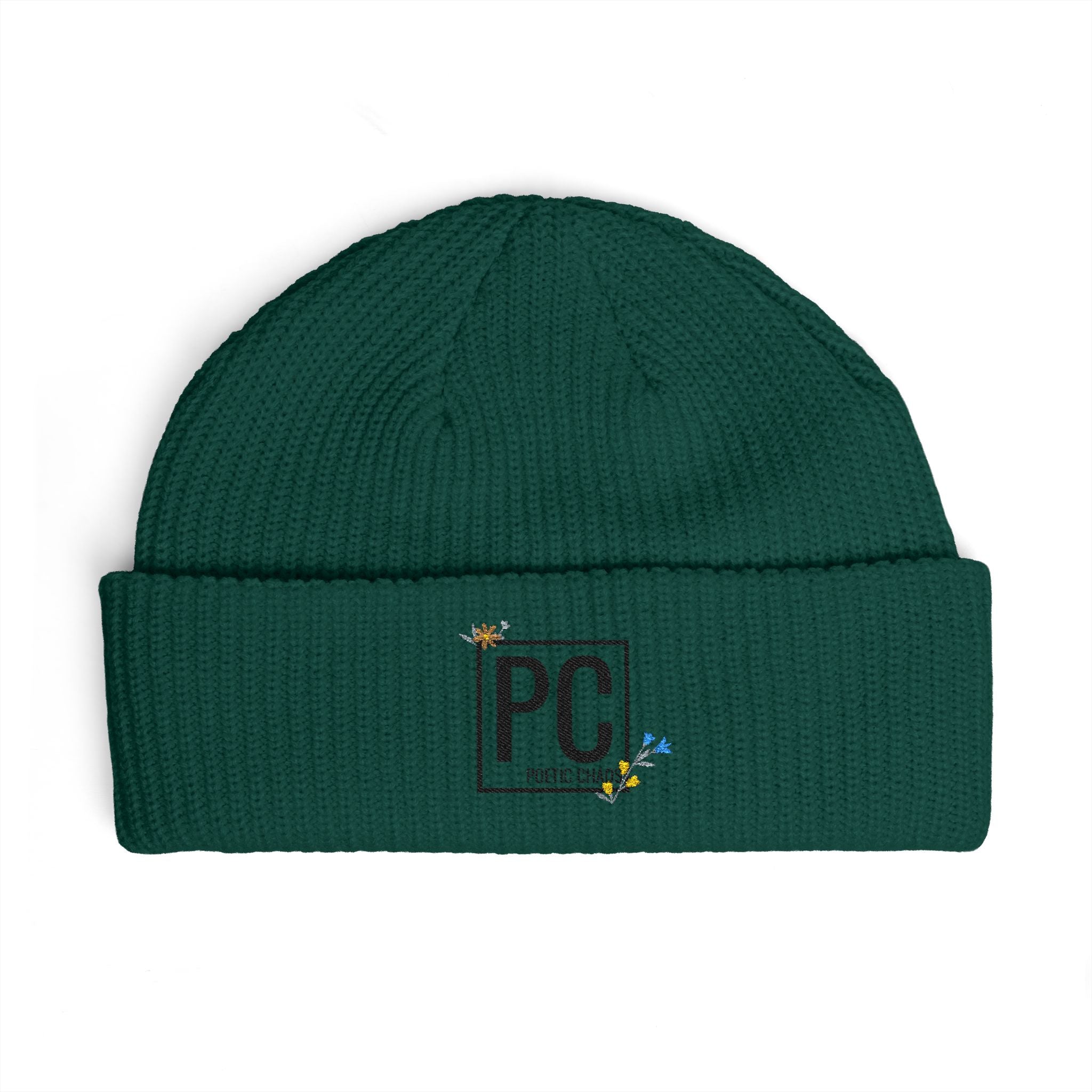 Cuff Beanie - 'PC' Logo Embroidered Knit Hat with Tiny Bee Accents