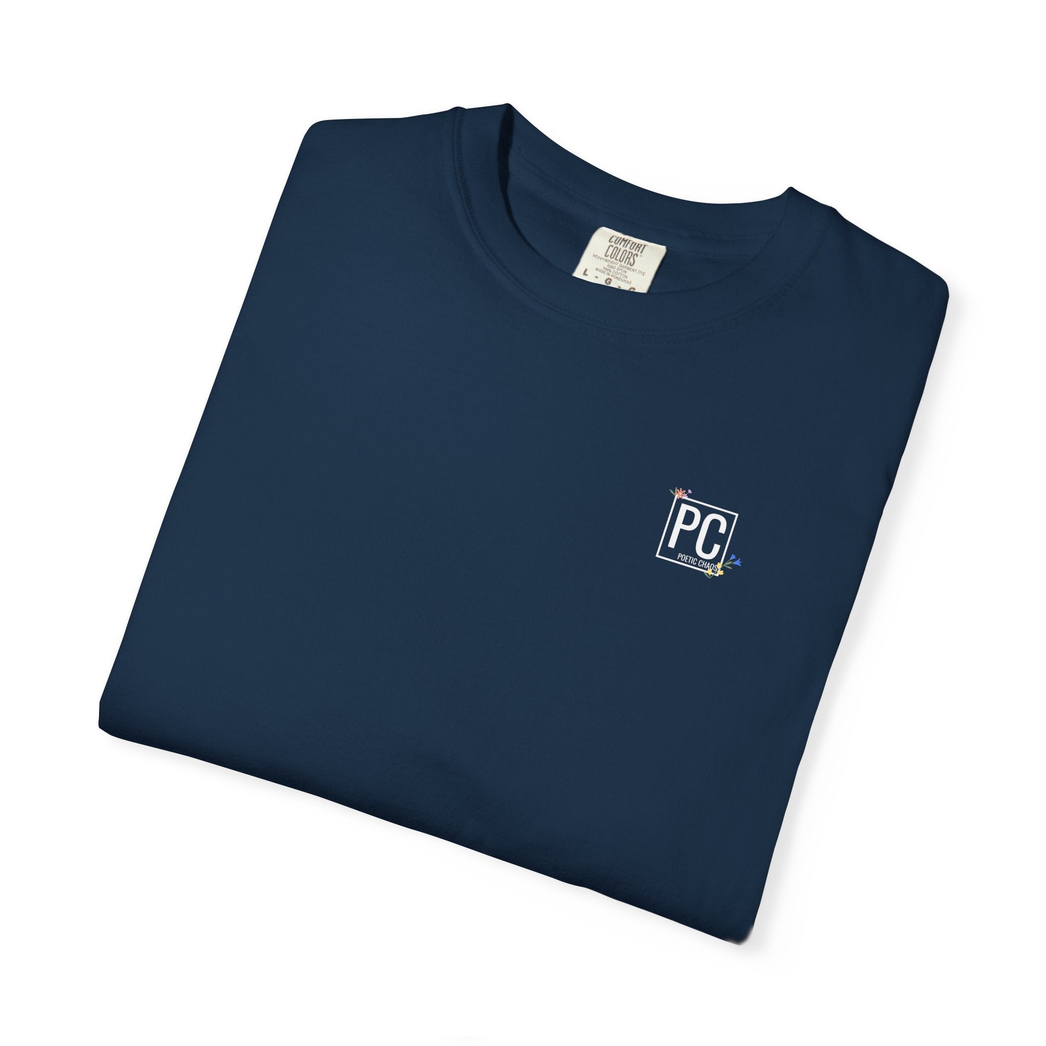 poetic chaos minimal t-shirt floral white logo label