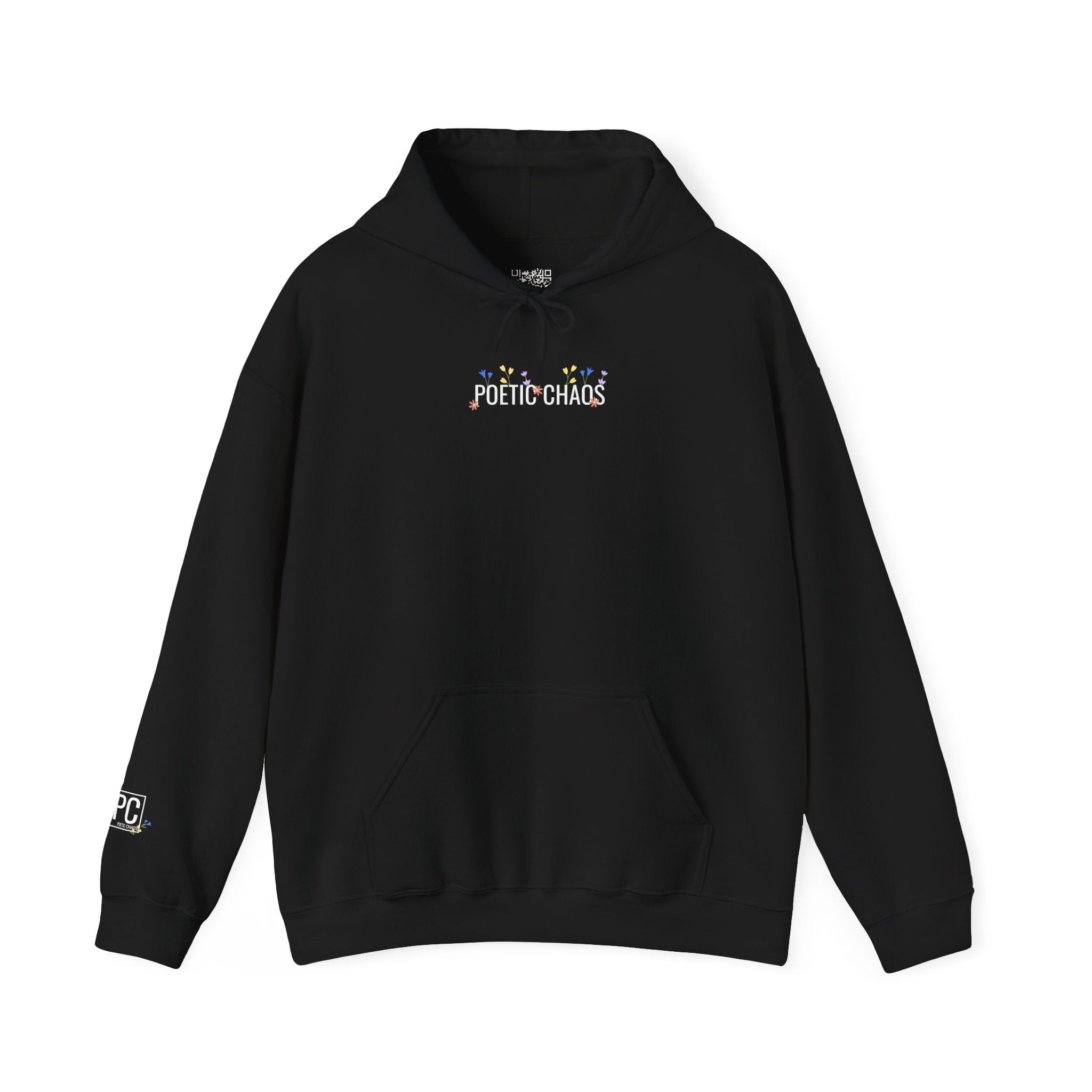 Poetic Chaos Hoodie — Small Chest white floral Logo & Sleeve Emblem