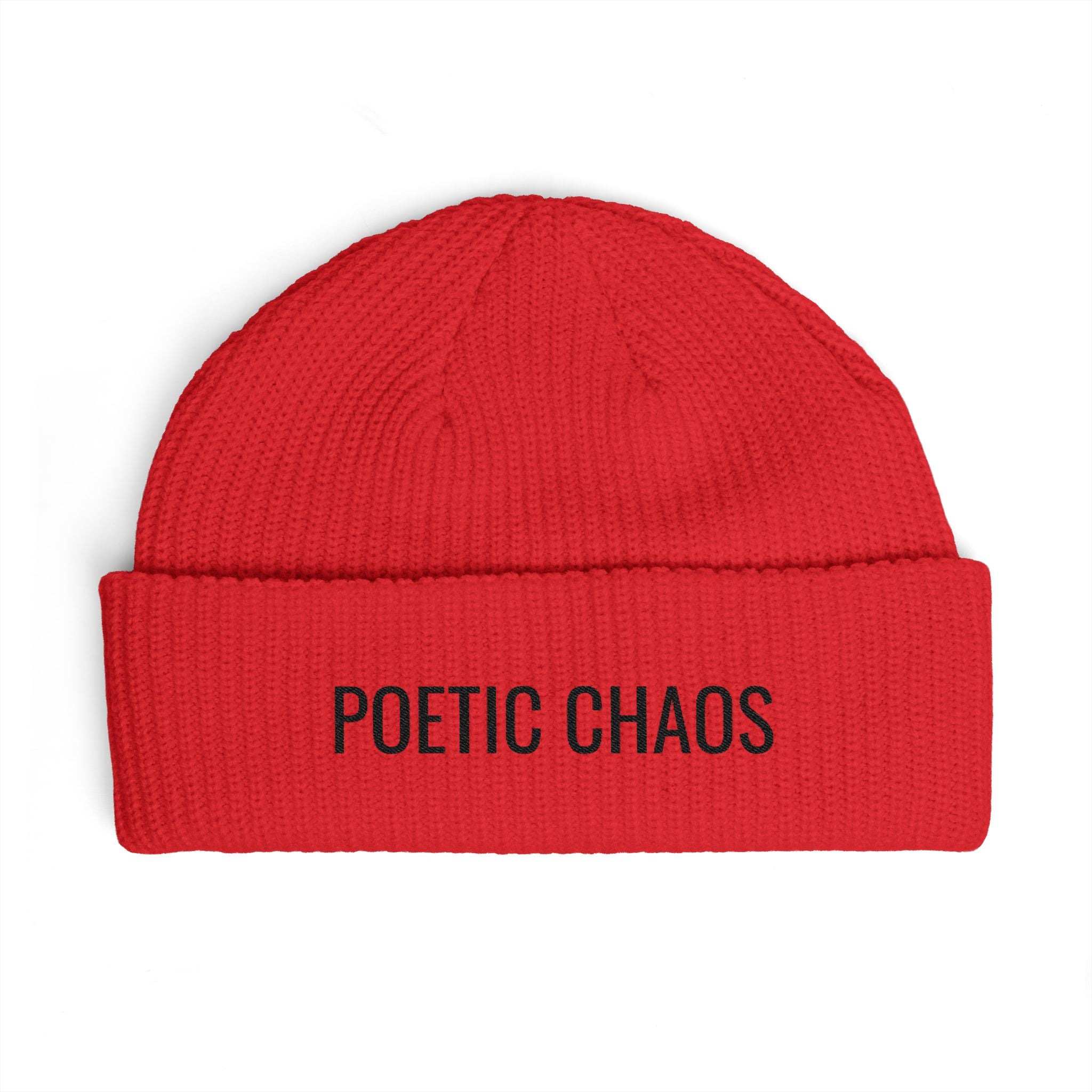 Poetic Chaos Embroidered Cuff Beanie — Knit Winter Hat for Writers & Creative Souls