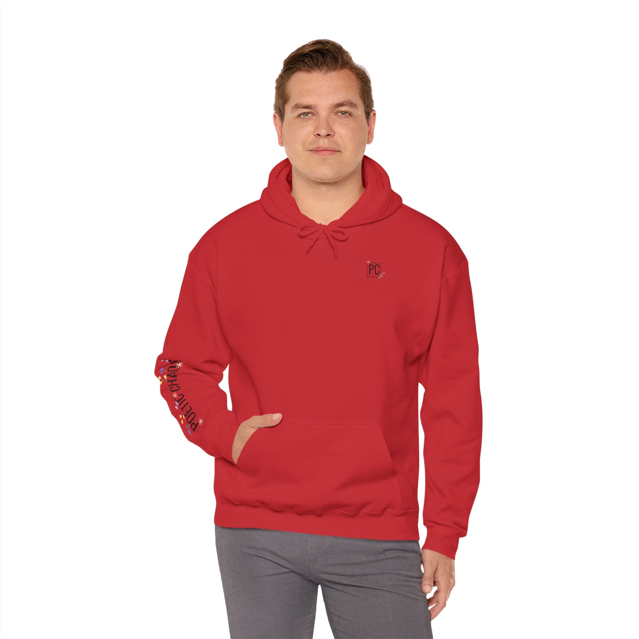Poetic Chaos Sleeve Logo Hoodie — Minimal White Pullover with 'PC'floral logo