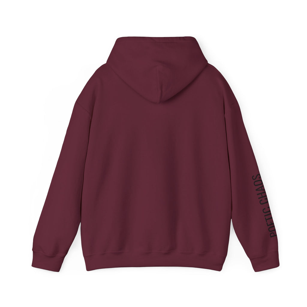 Poetic Chaos Hoodie — Minimal White Pullover with 'POETIC CHAOS' Sleeve Text