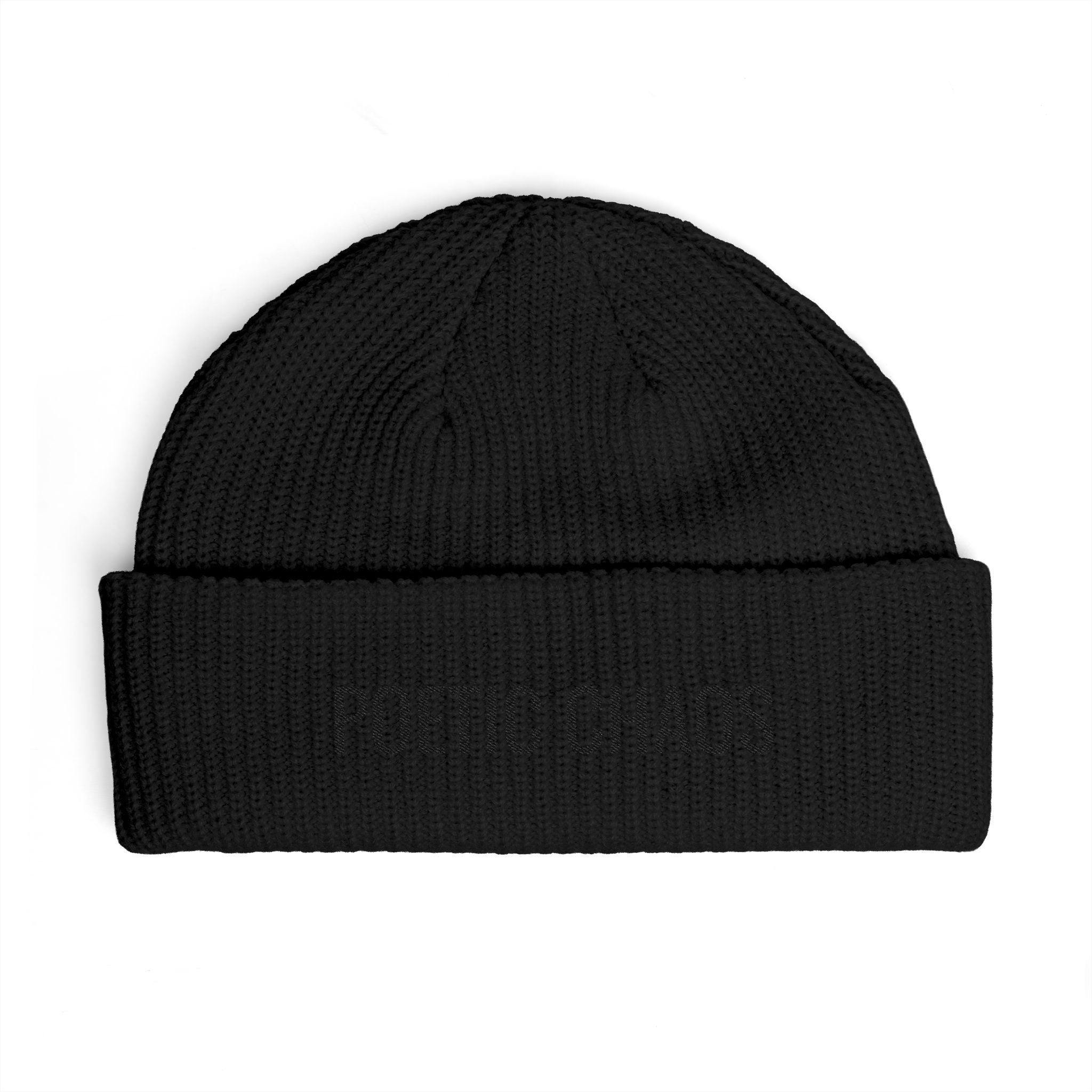 Poetic Chaos Embroidered Cuff Beanie — Knit Winter Hat for Writers & Creative Souls