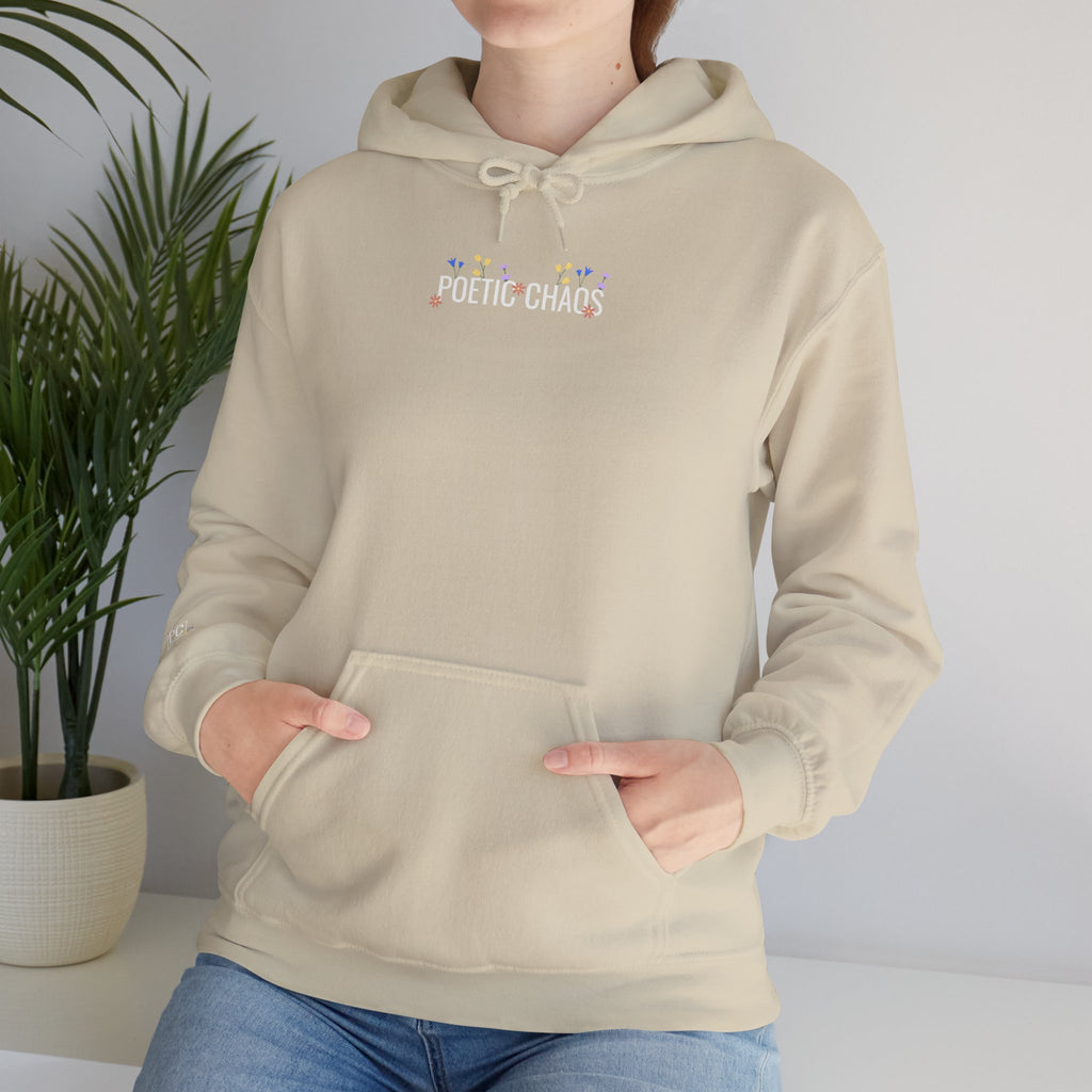 Poetic Chaos Hoodie — Small Chest white floral Logo & Sleeve Emblem