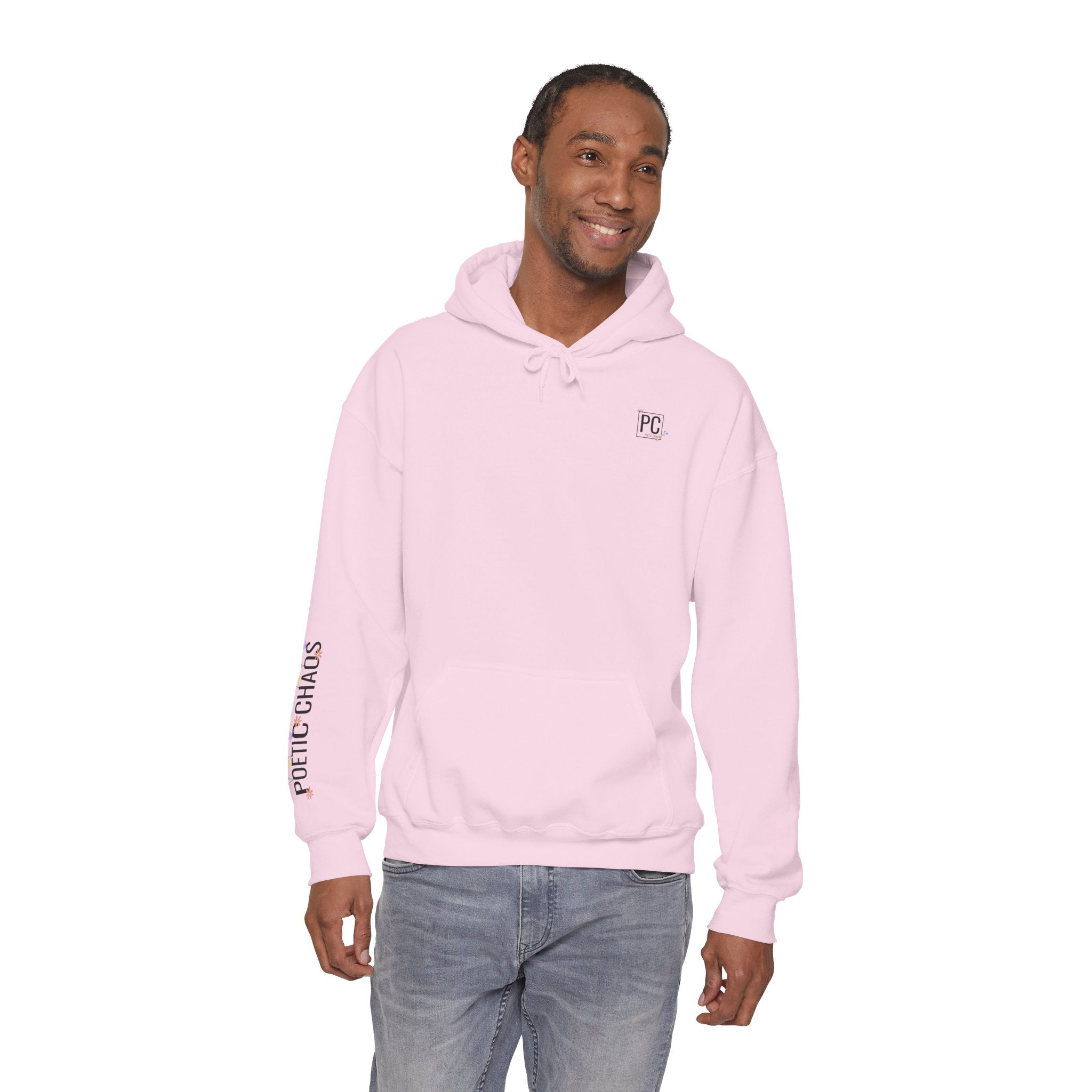 Poetic Chaos Sleeve Logo Hoodie — Minimal White Pullover with 'PC'floral logo