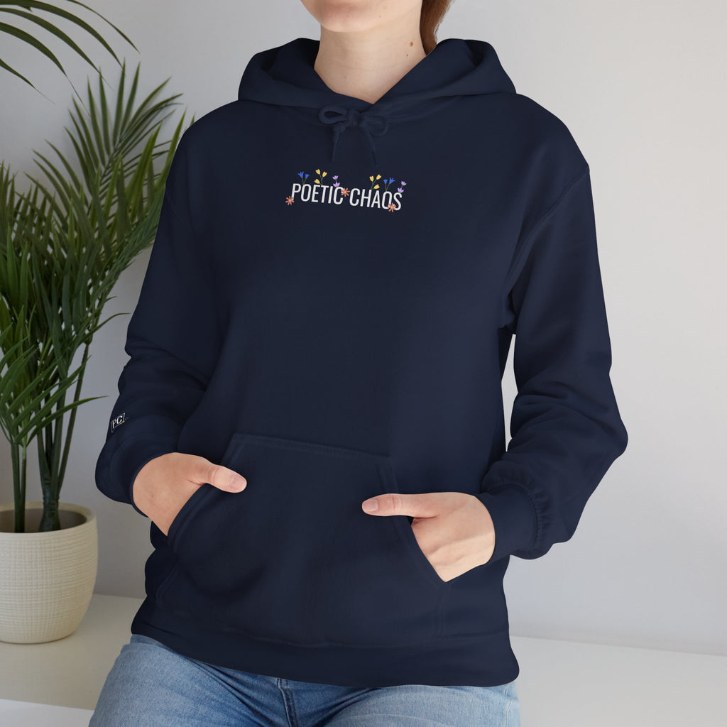 Poetic Chaos Hoodie — Small Chest white floral Logo & Sleeve Emblem