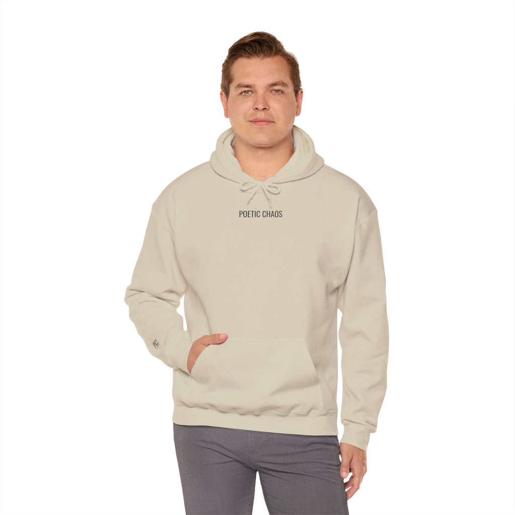 Poetic Chaos Minimalist Hoodie — Small Chest Text Pullover